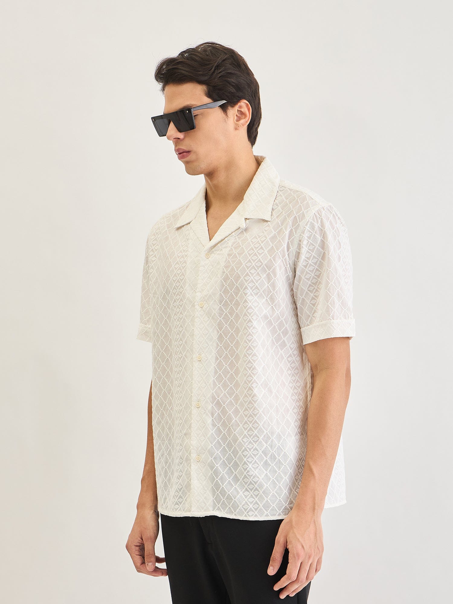 Antony Morato Men Cream Embroidered Collar Shirt