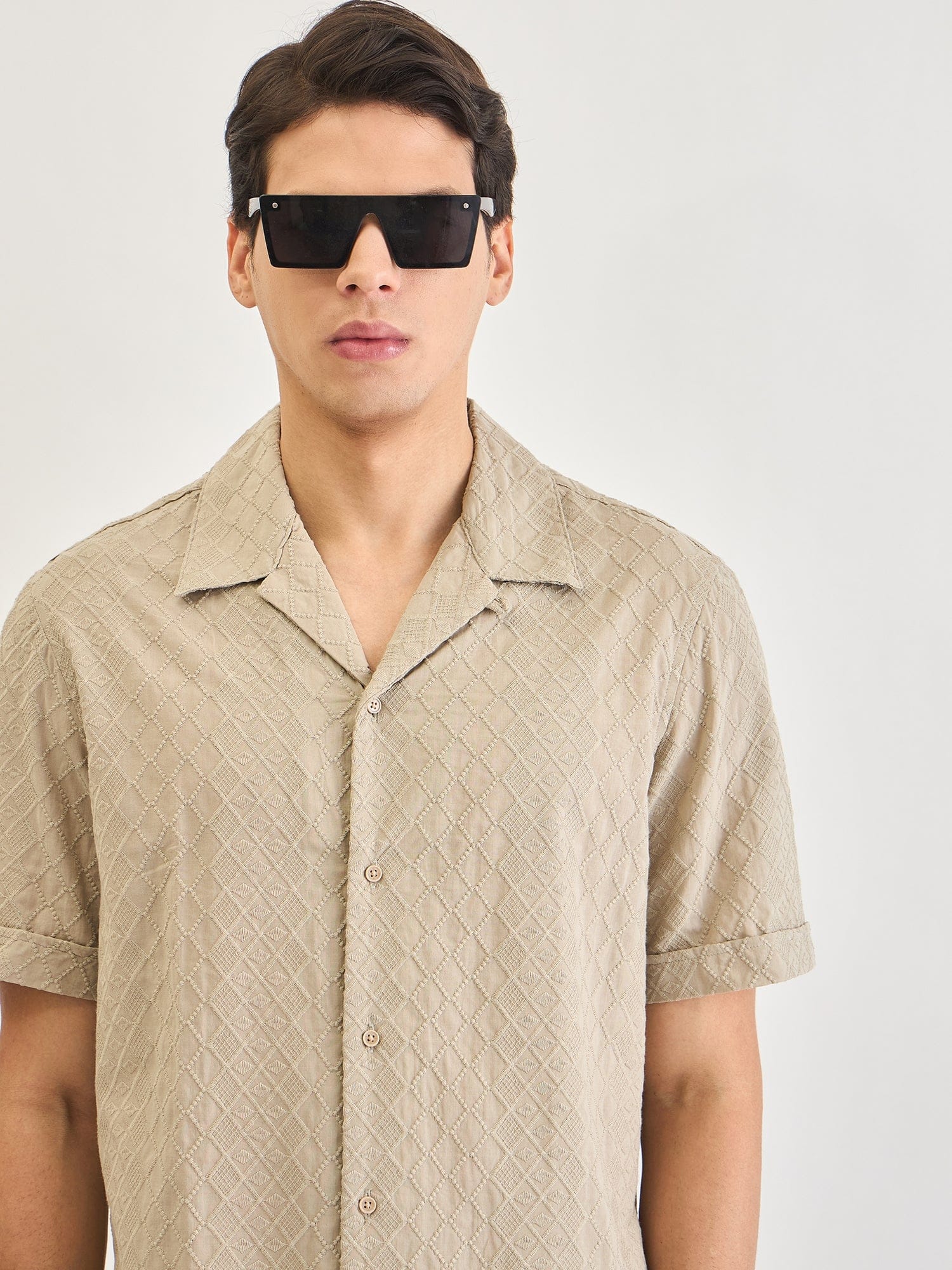 Antony Morato Men Beige Embroidered Collar Shirt