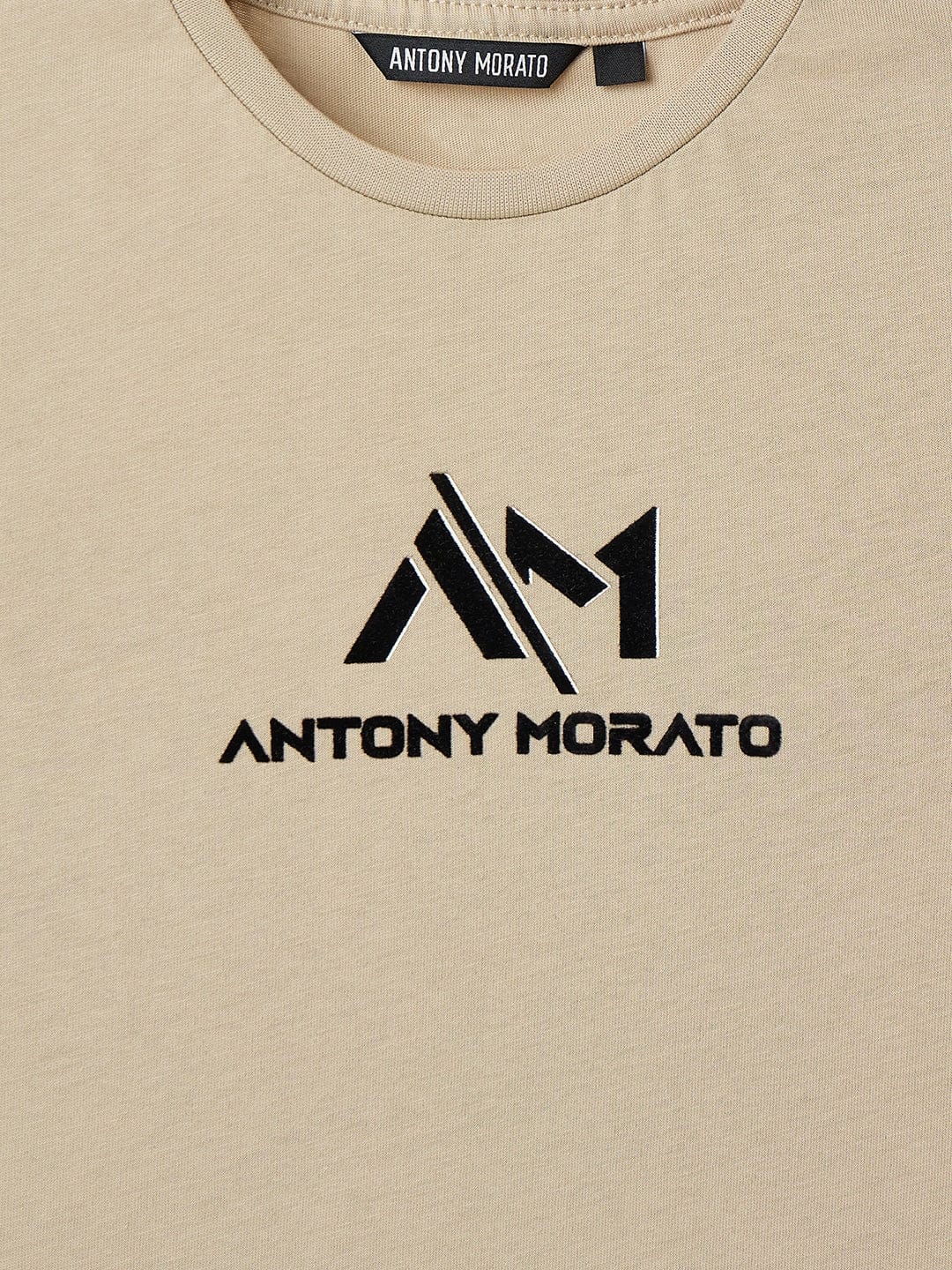 Antony Morato Boys Beige Placement Print Crew Neck Tshirt