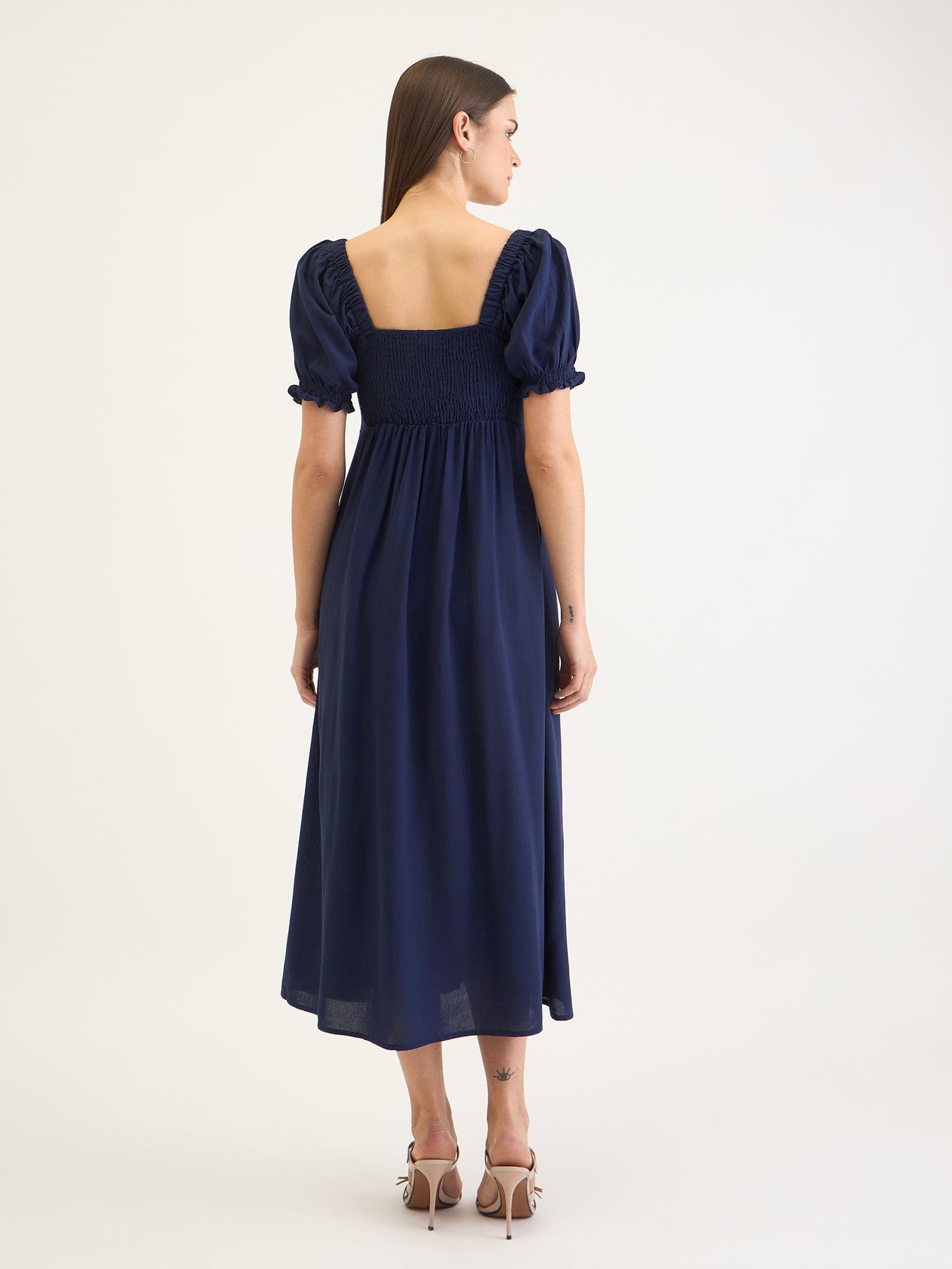 Elle Women Blue Solid Sweetheart Collar Dress