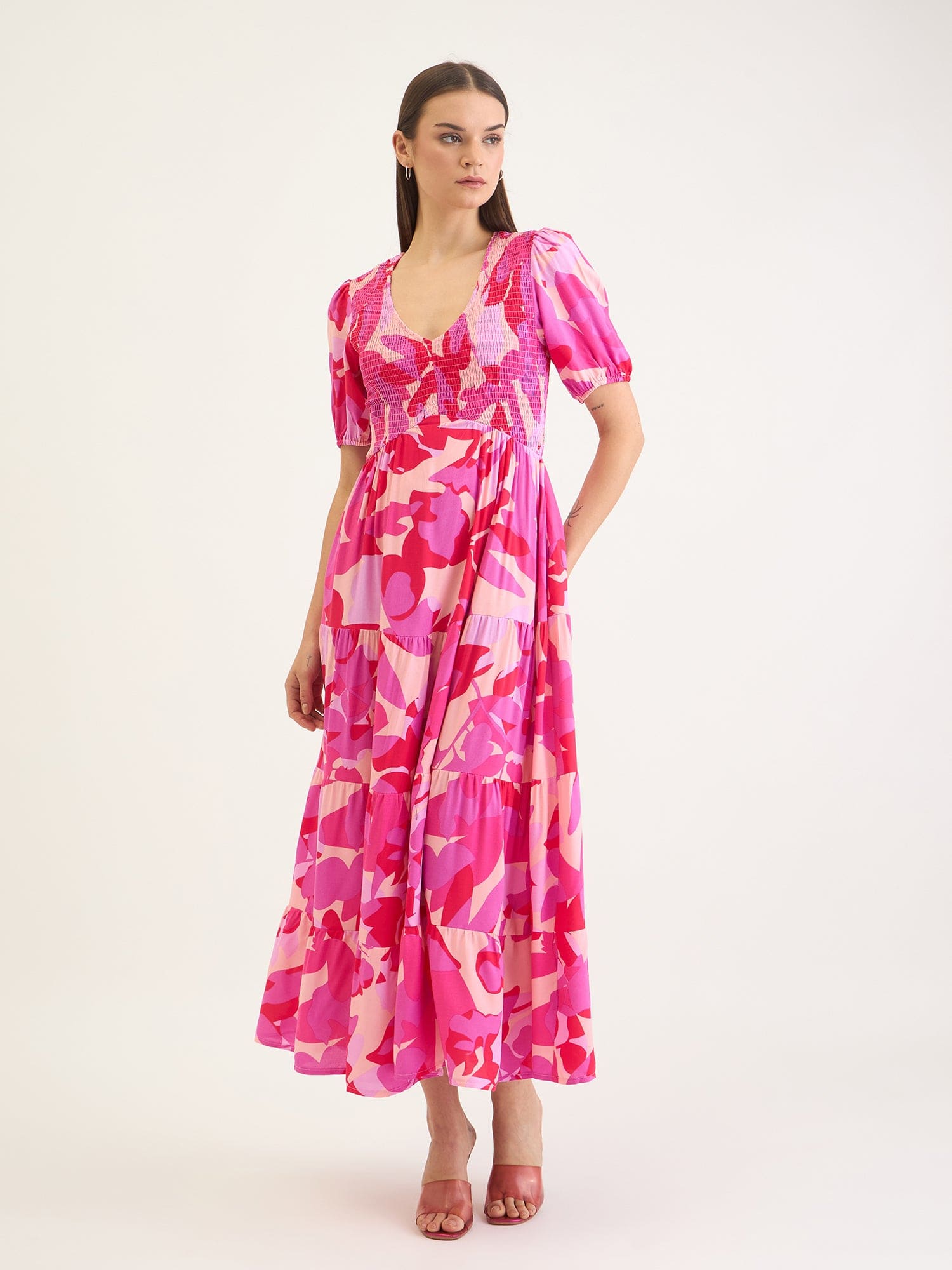 Elle Women Pink Aop V Neck Dress