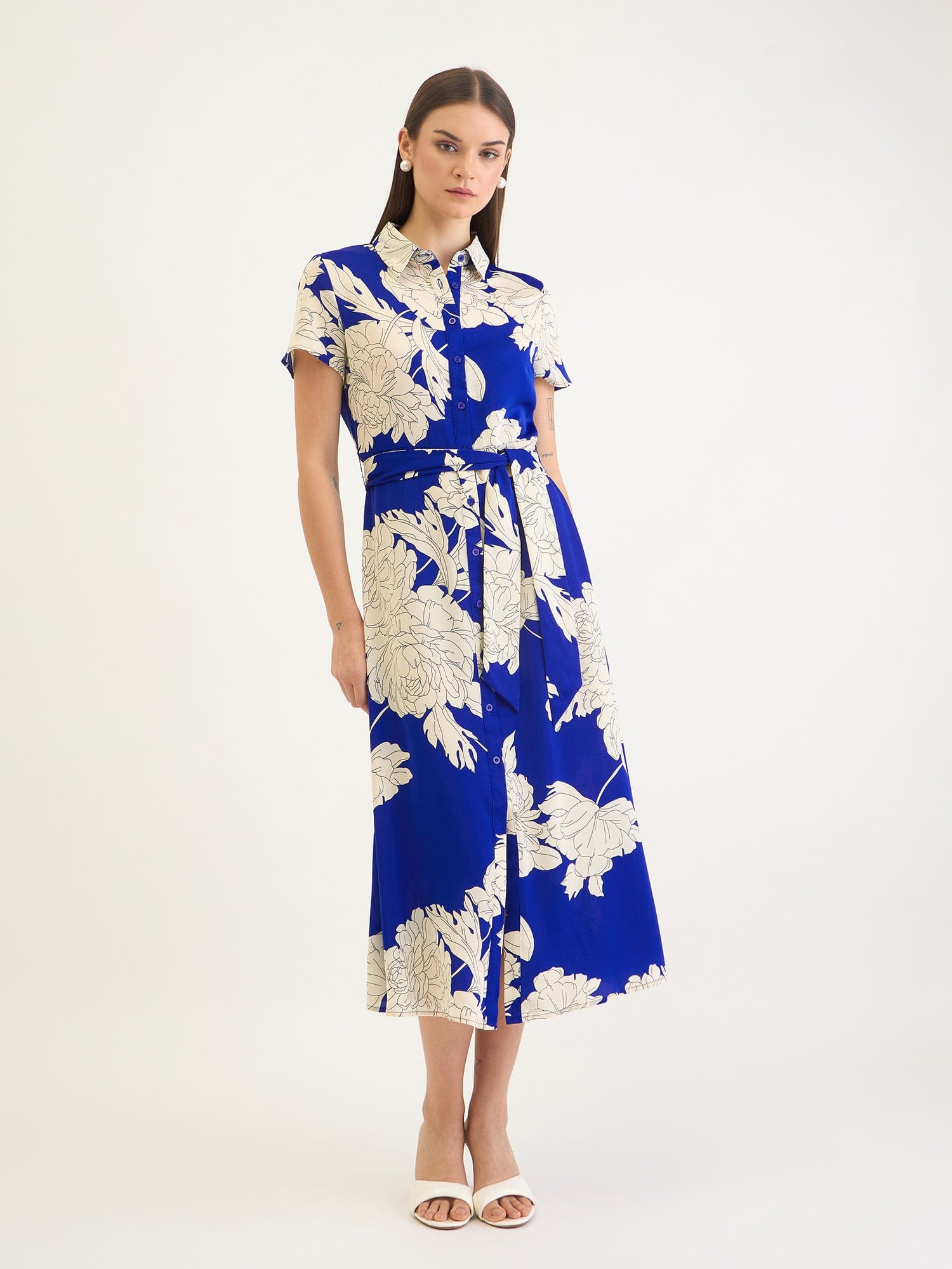 Elle Women Blue Aop Shirt Collar Dress