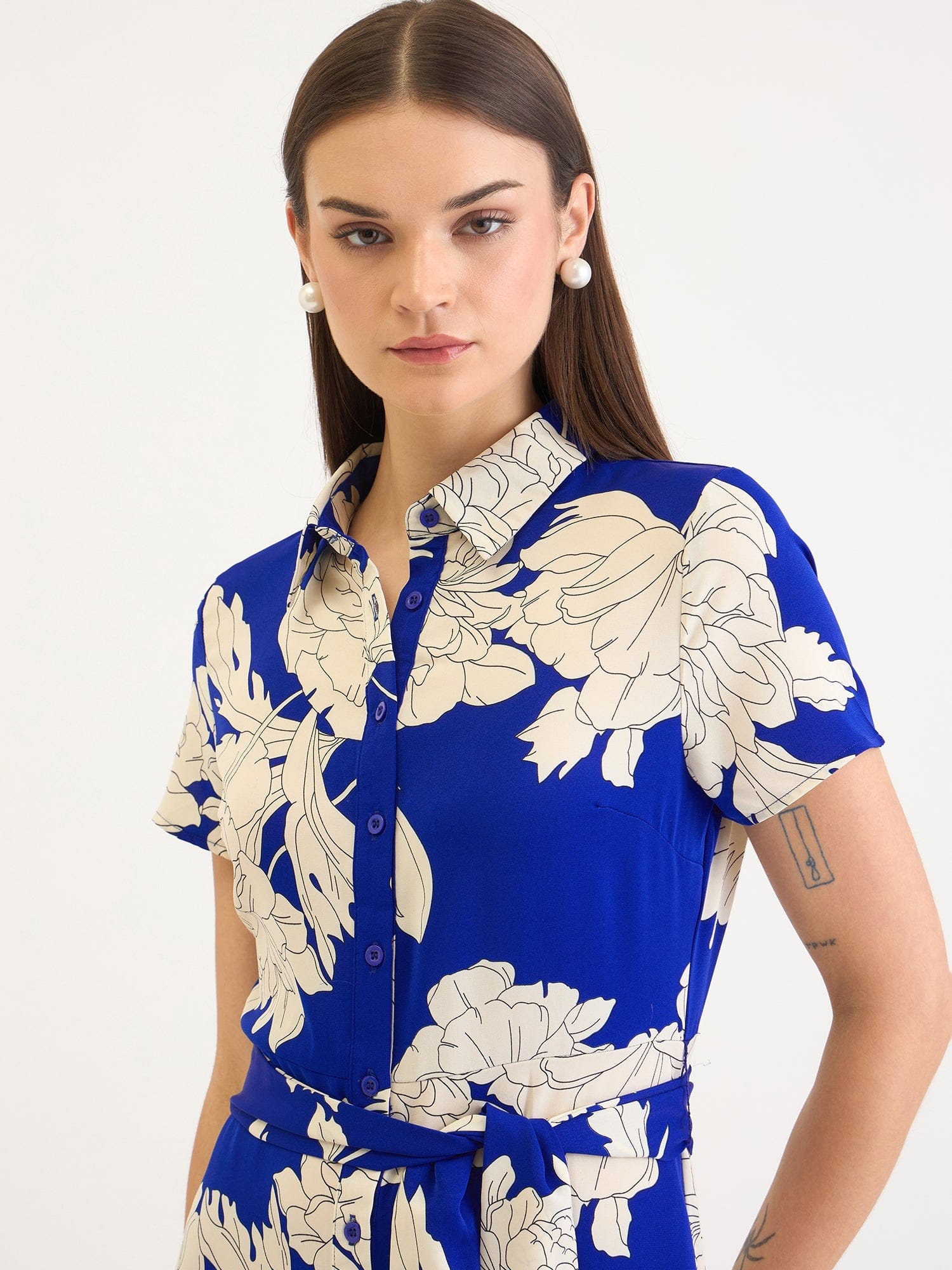 Elle Women Blue Aop Shirt Collar Dress