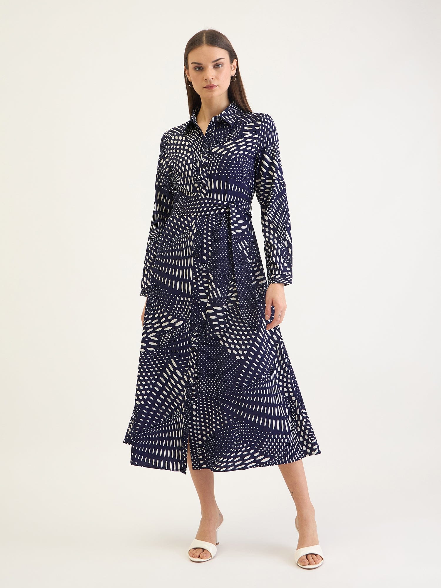 Elle Women Blue Aop Shirt Collar Dress