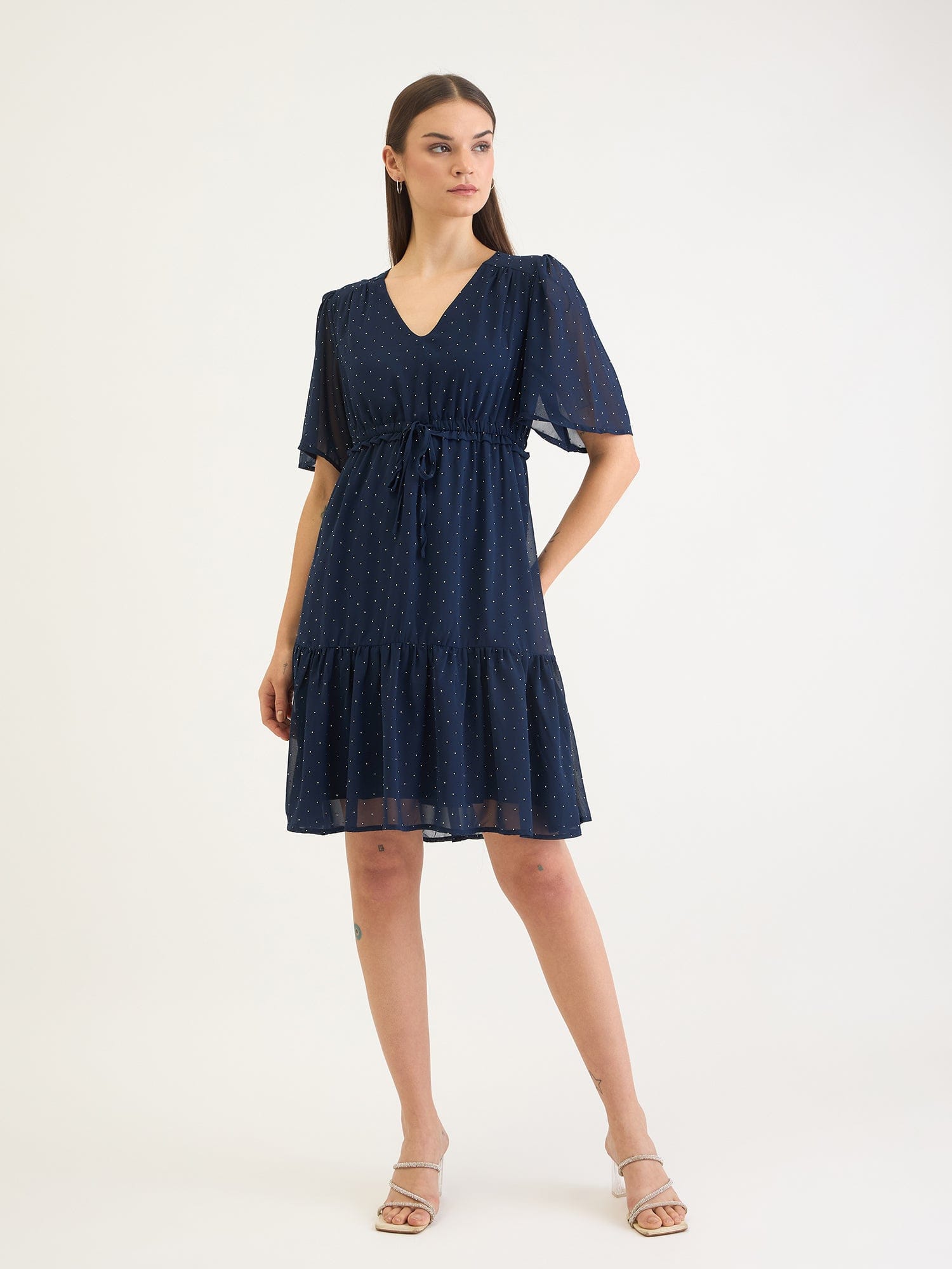 Elle Women Blue Dot And Solid V Neck Dress