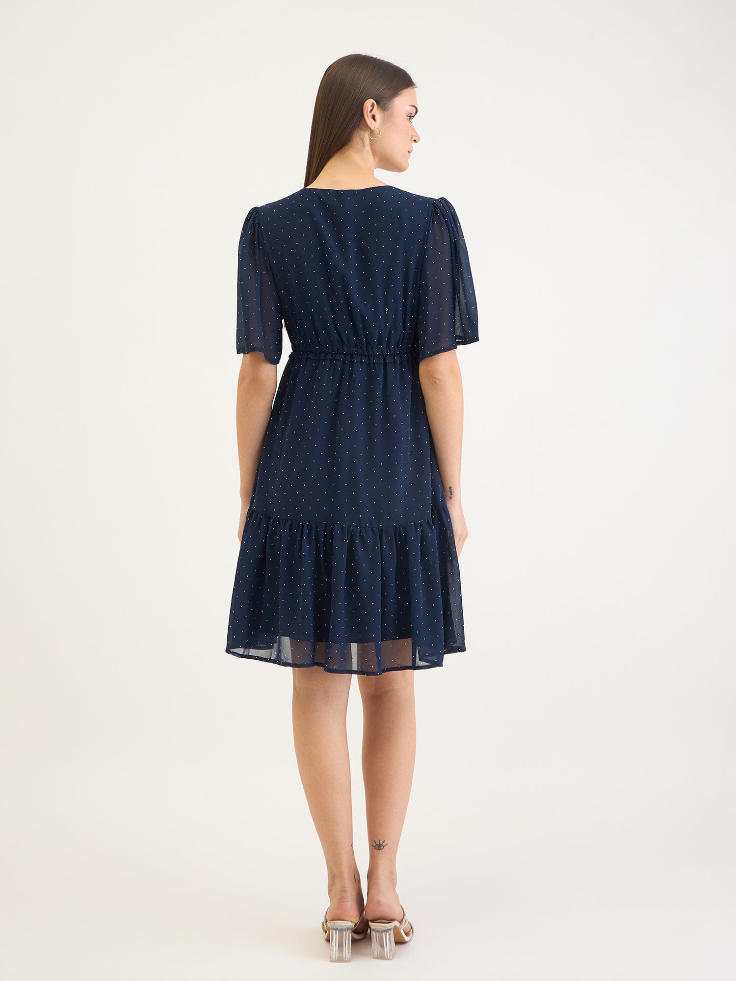 Elle Women Blue Dot And Solid V Neck Dress