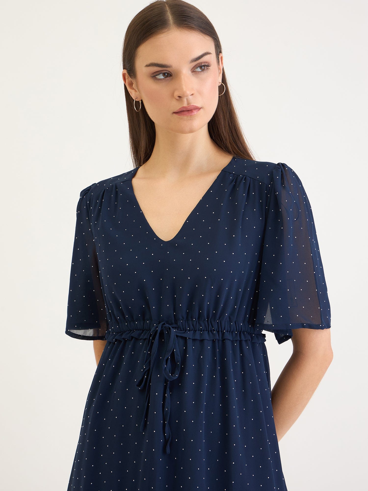 Elle Women Blue Dot And Solid V Neck Dress
