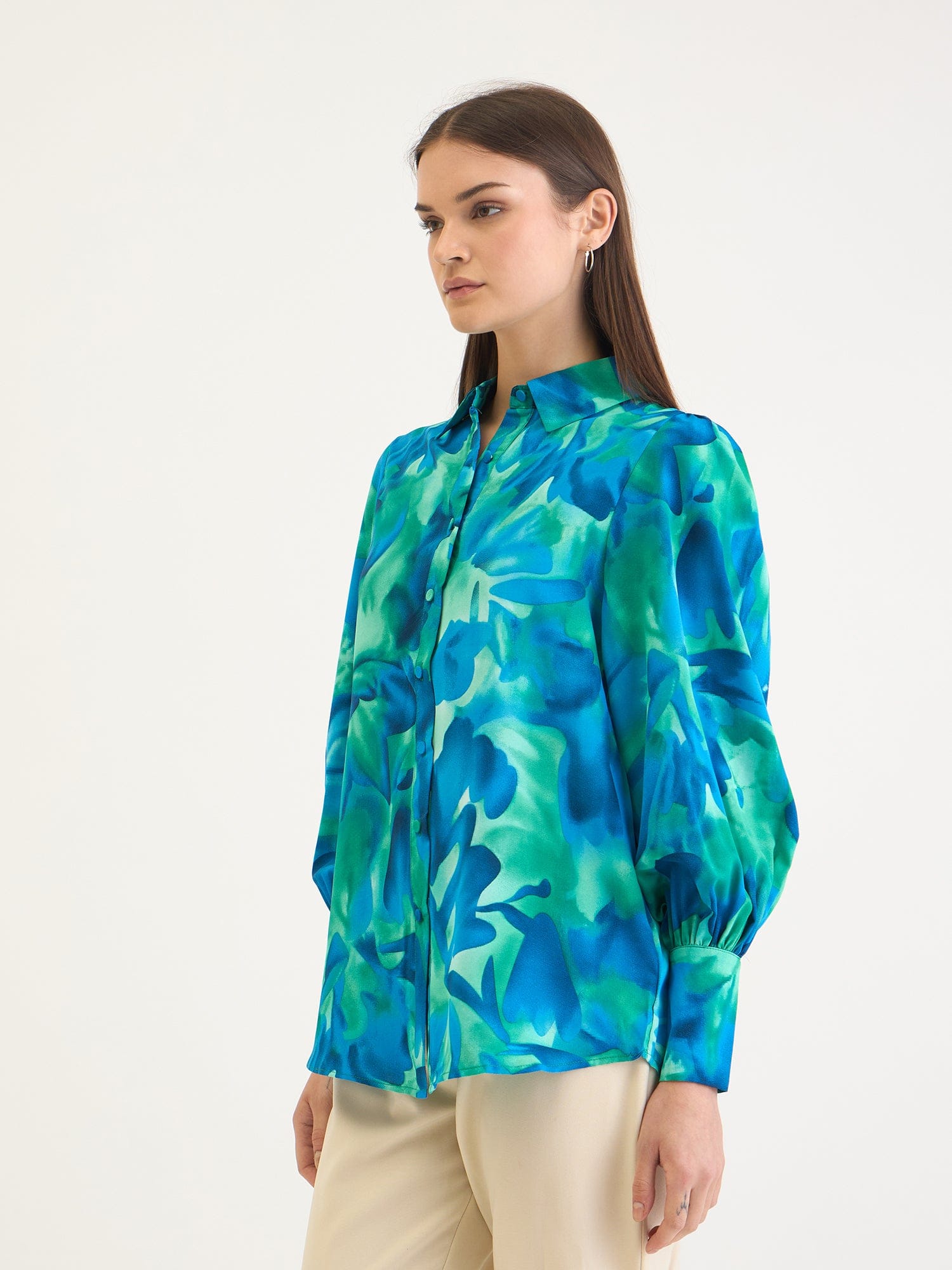 Elle Women Blue Printed Collar Shirt