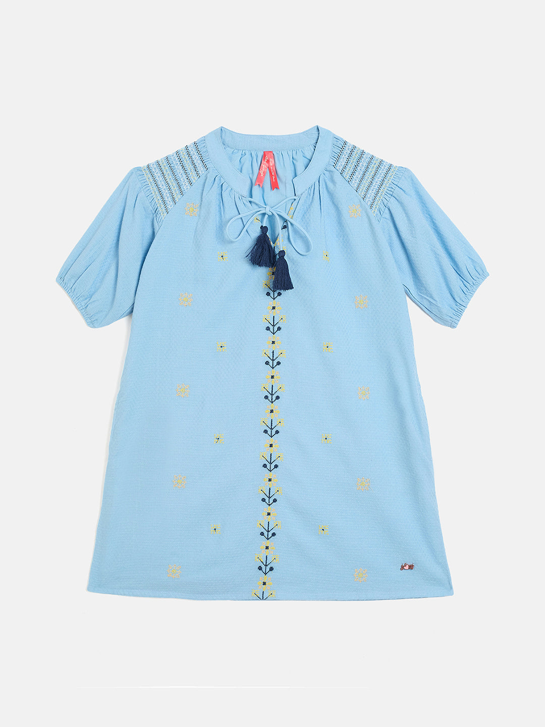 Blue Giraffe Girls Blue Solid Band Collar Dress