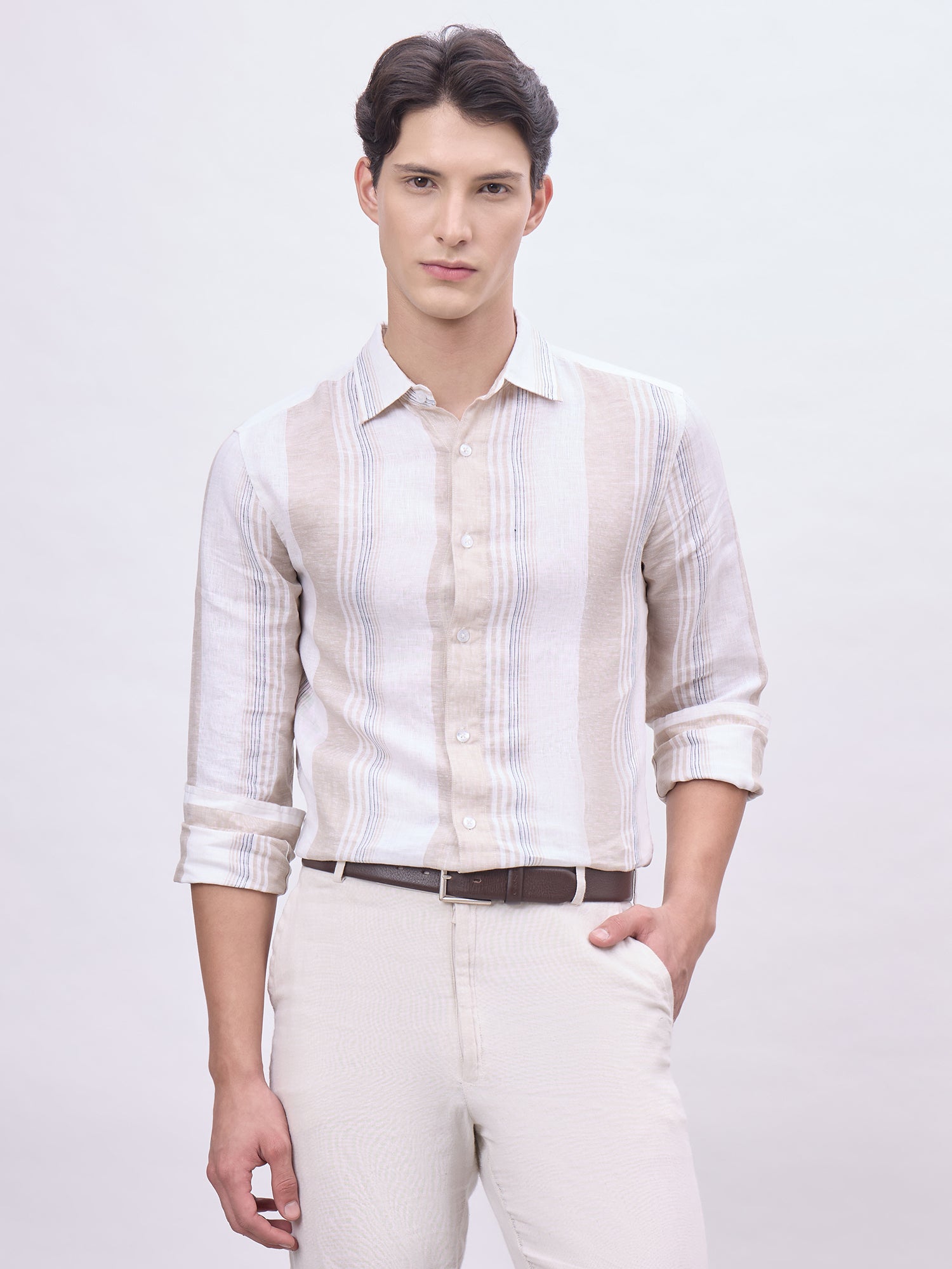 Iconic Men Beige Striped Collar Shirt