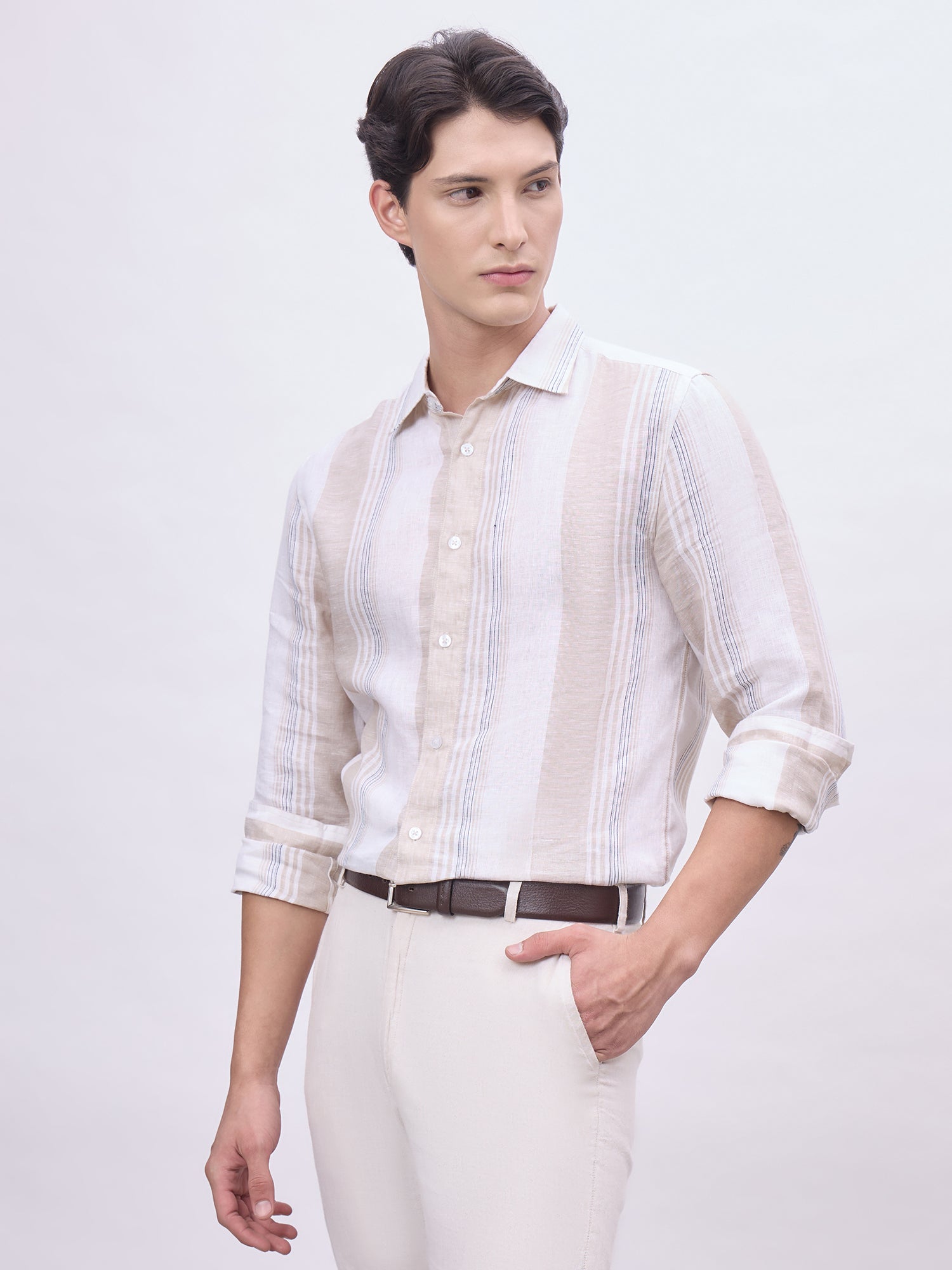 Iconic Men Beige Striped Collar Shirt