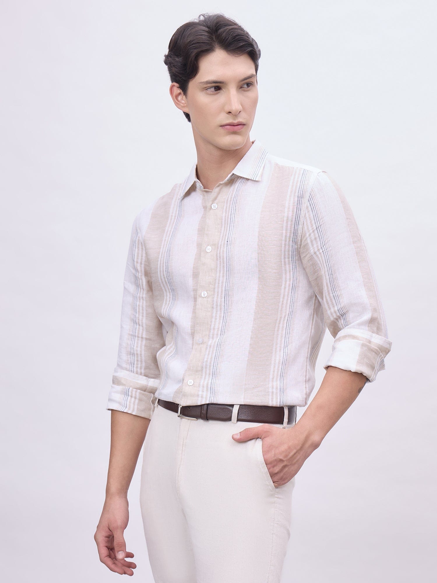 Iconic Men Beige Striped Collar Shirt