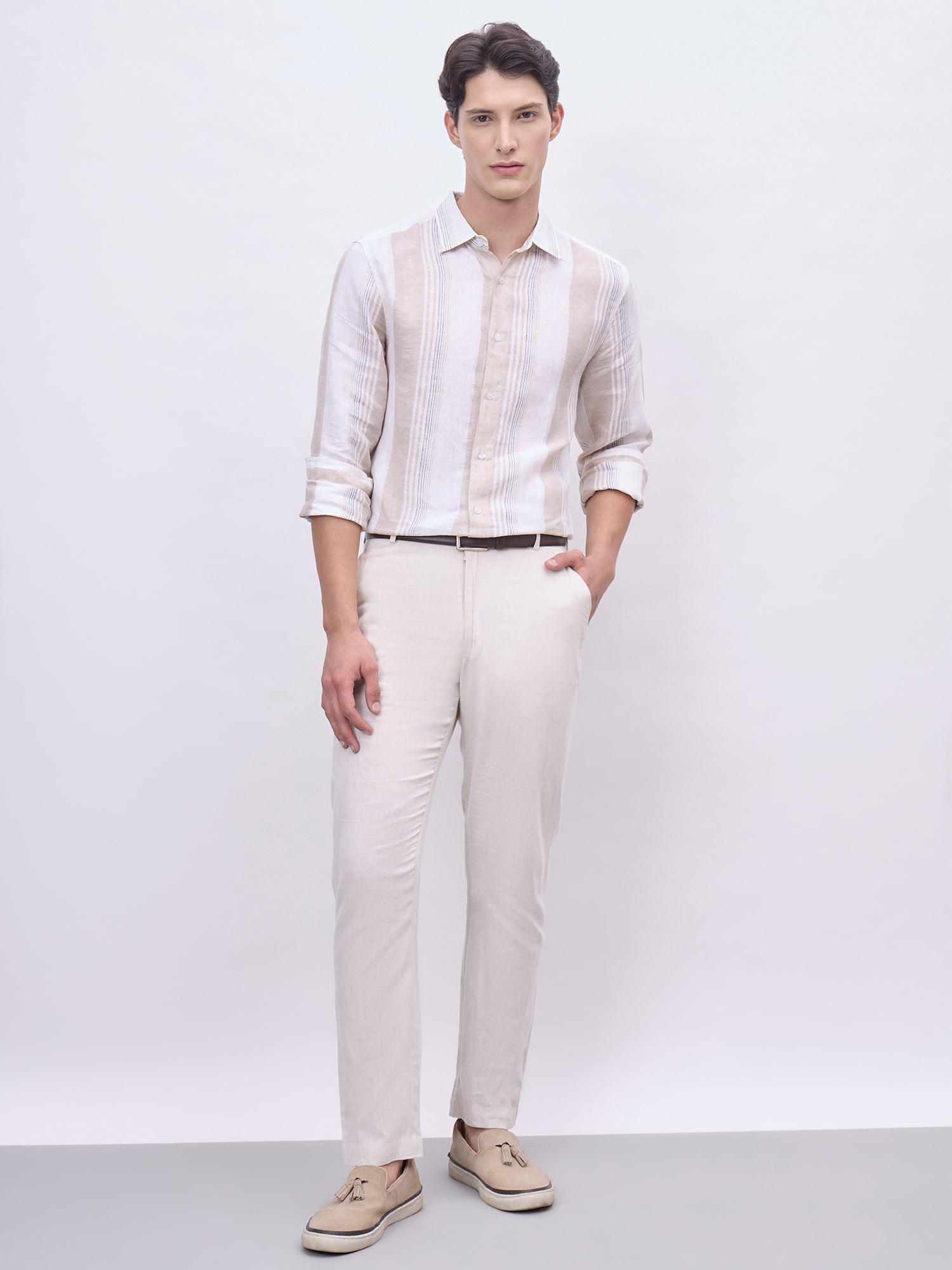 Iconic Men Beige Striped Collar Shirt