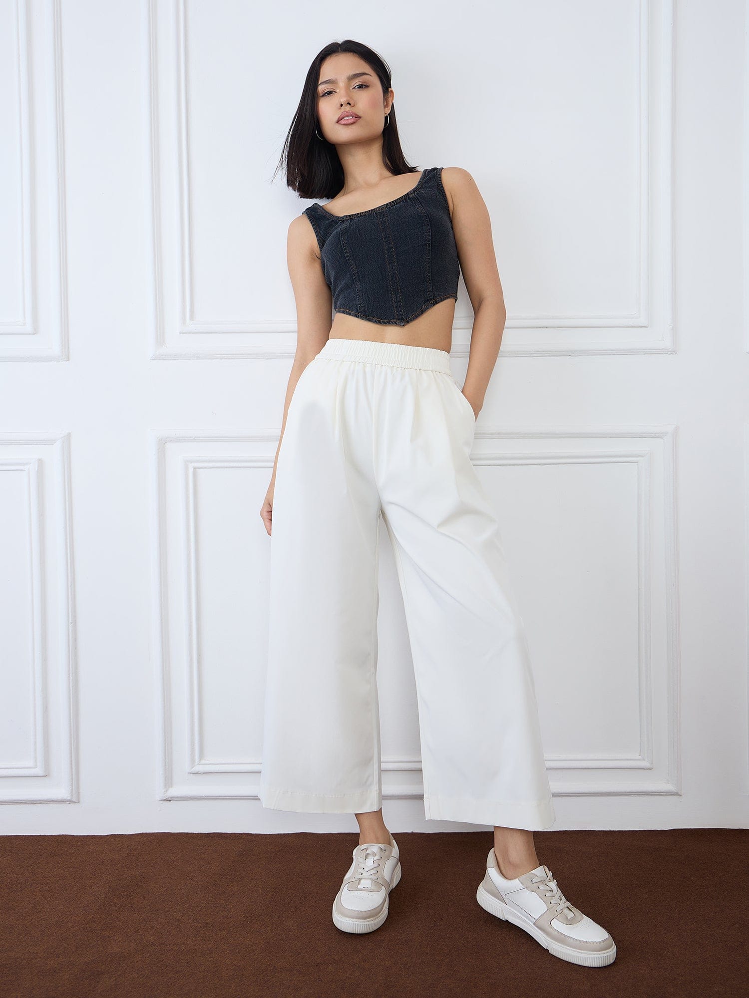 Iconic Women Beige Flared Solid Cargo Trouser