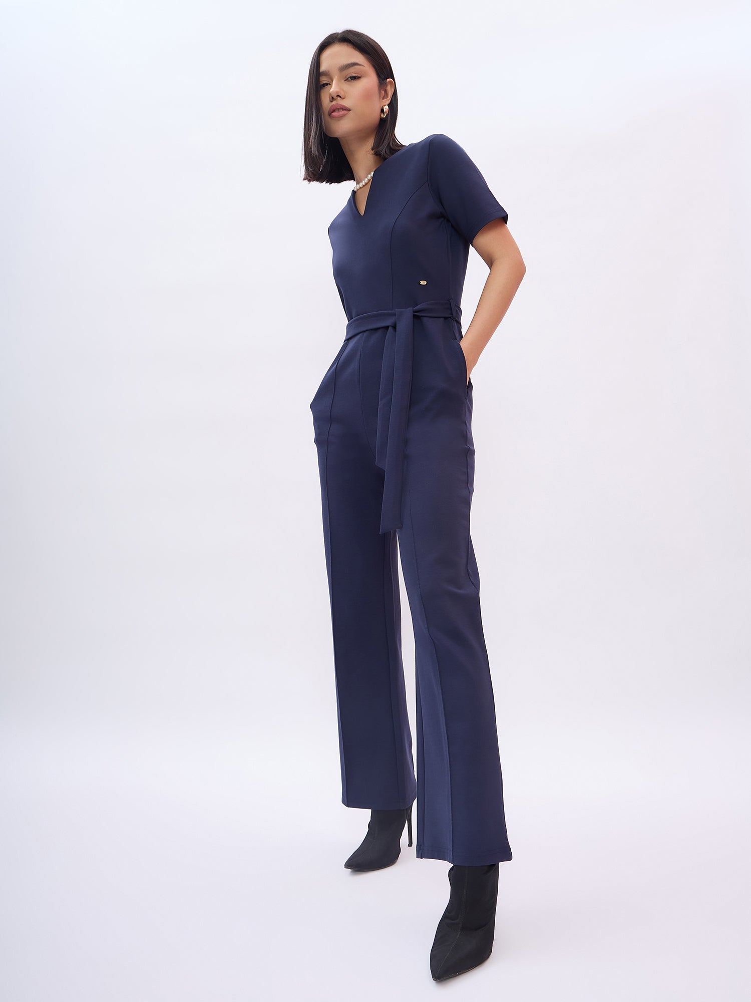 Elle Women Blue Solid Round Neck Jumpsuit