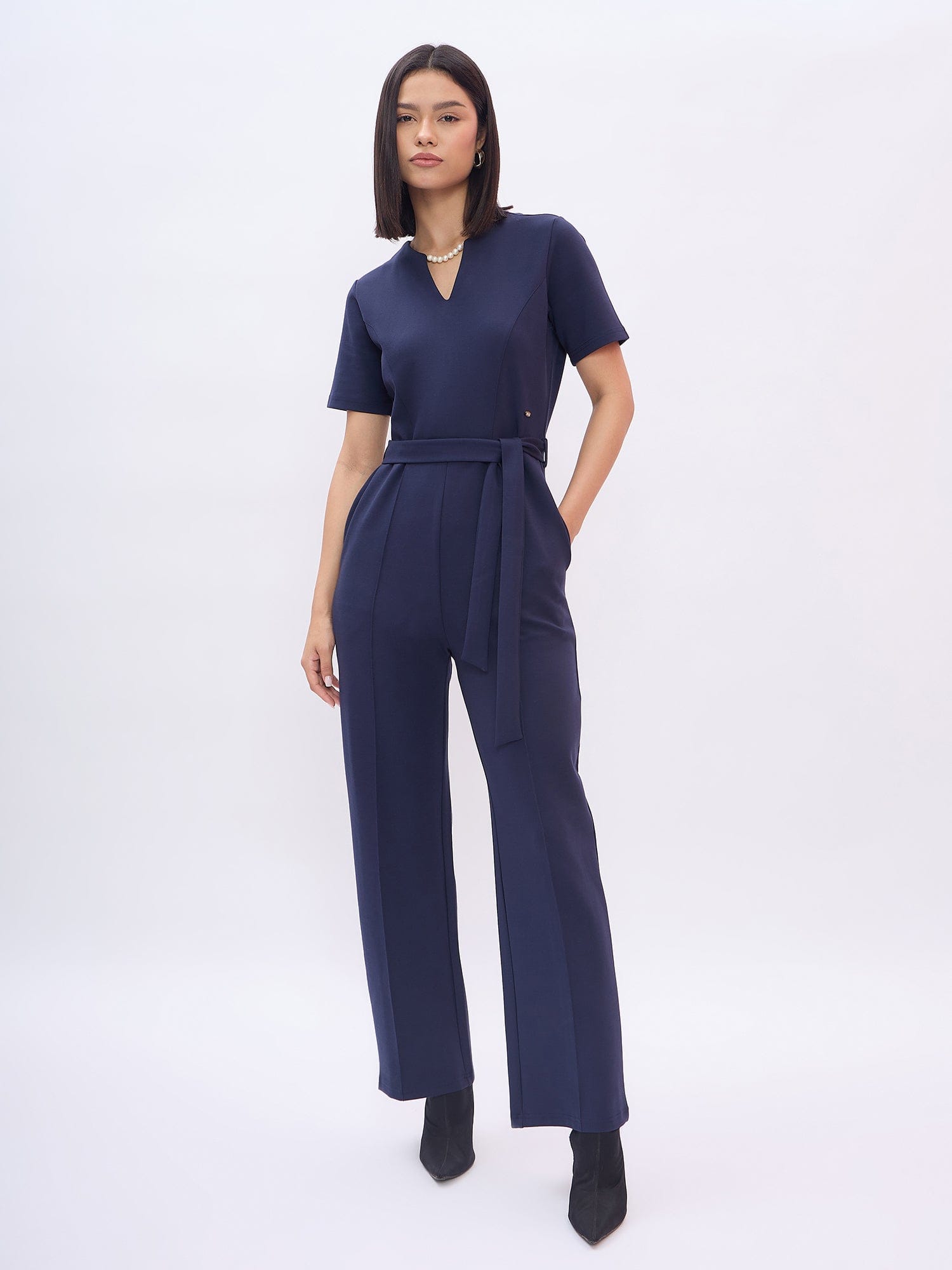 Elle Women Blue Solid Round Neck Jumpsuit