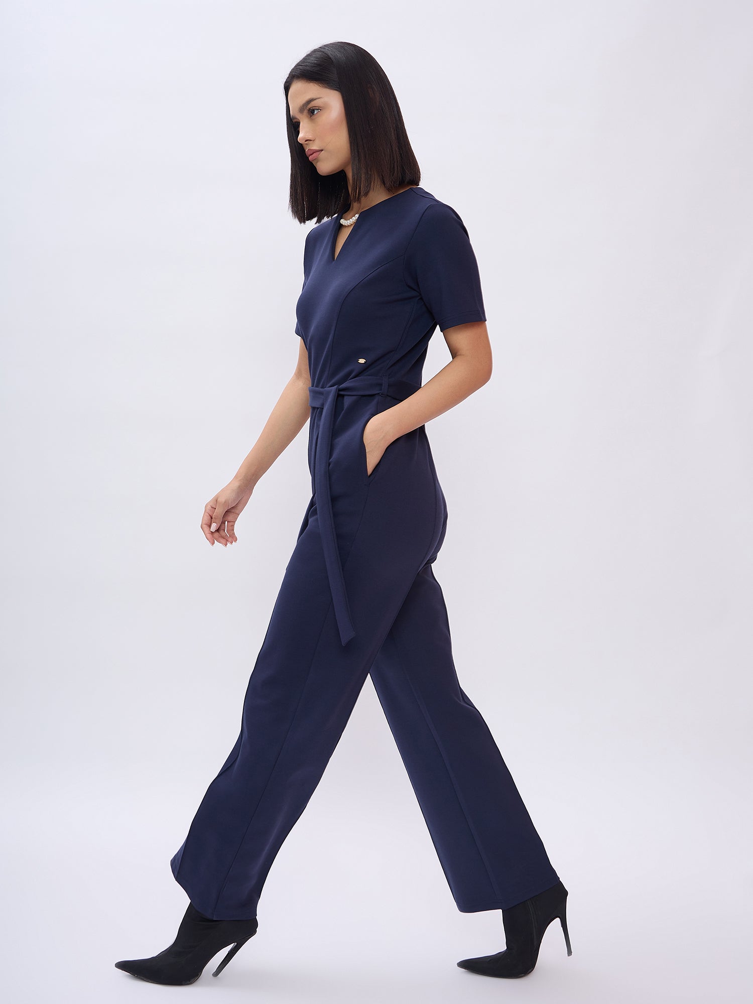 Elle Women Blue Solid Round Neck Jumpsuit