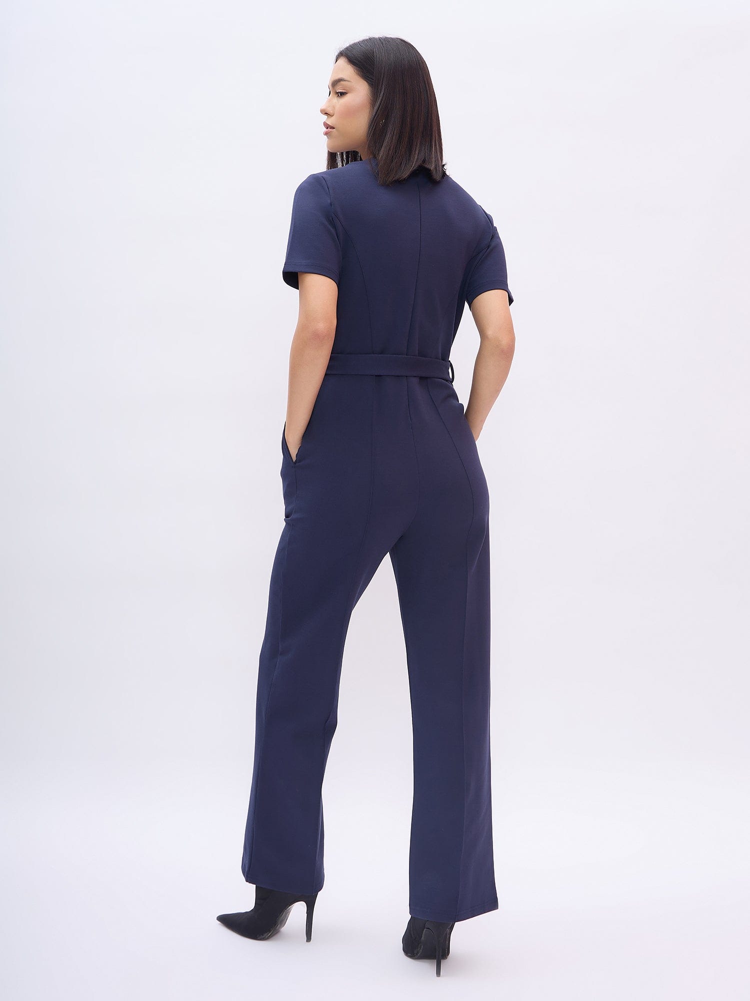 Elle Women Blue Solid Round Neck Jumpsuit