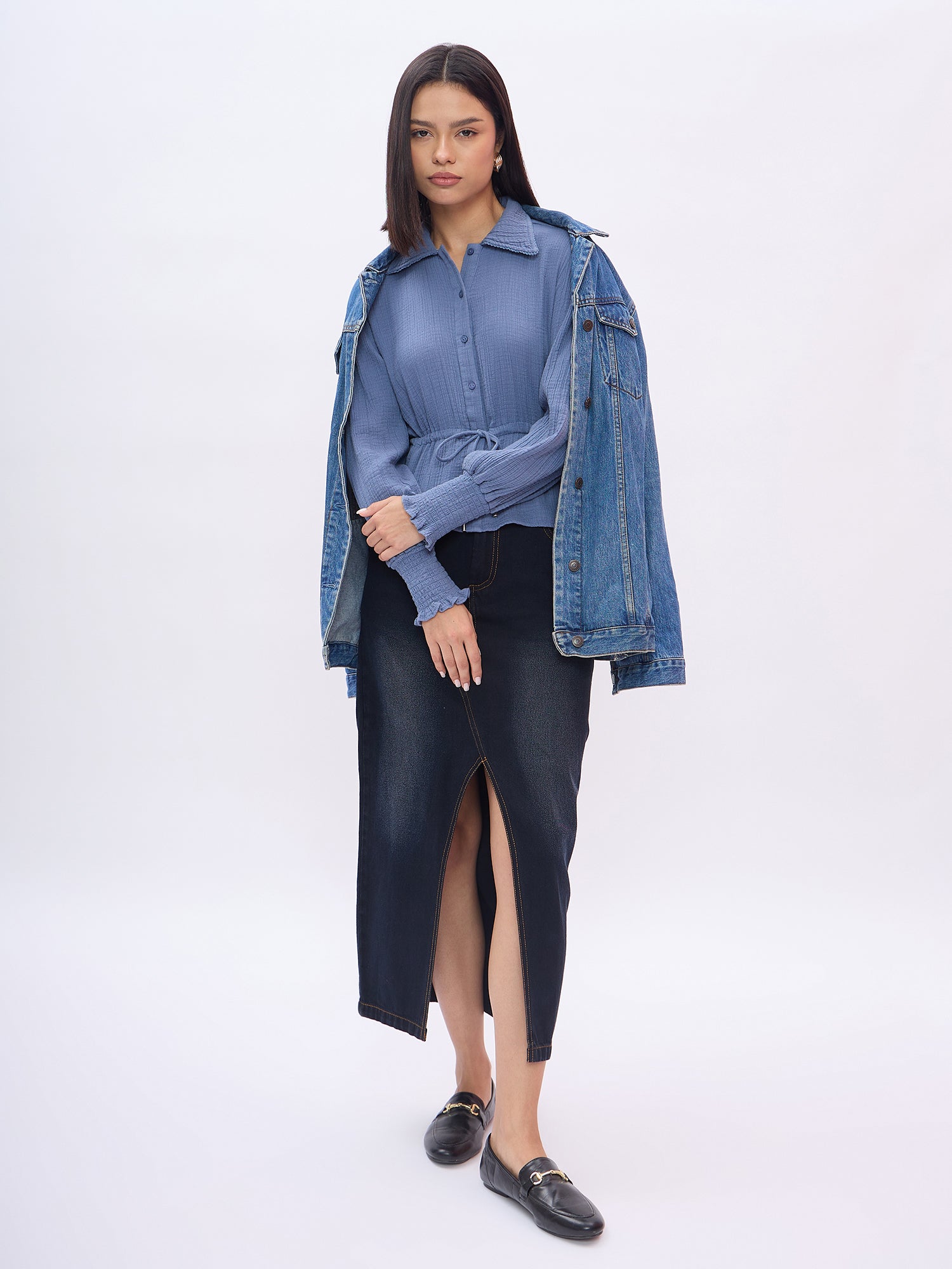 Elle Women Blue Solid Collar Shirt