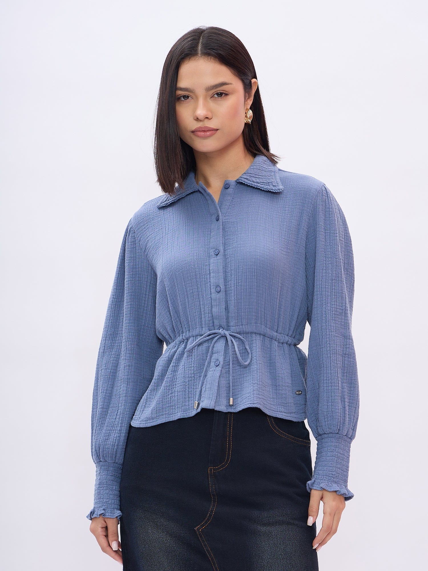 Elle Women Blue Solid Collar Shirt