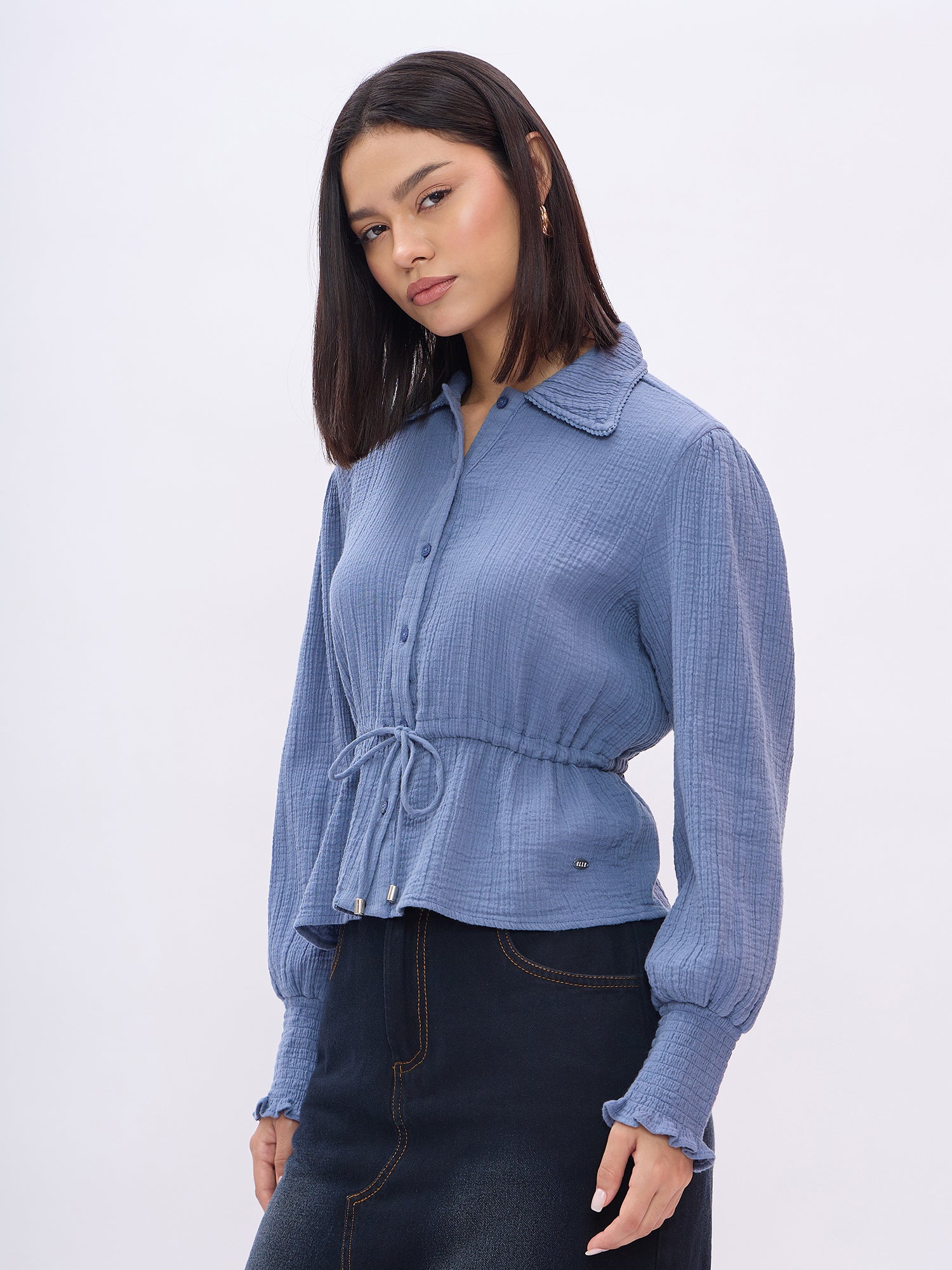 Elle Women Blue Solid Collar Shirt
