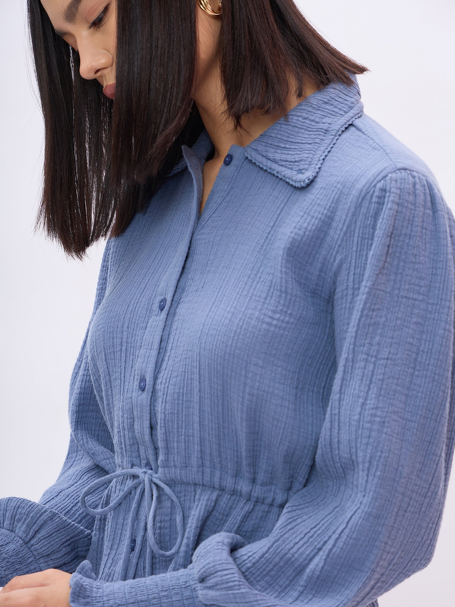 Elle Women Blue Solid Collar Shirt