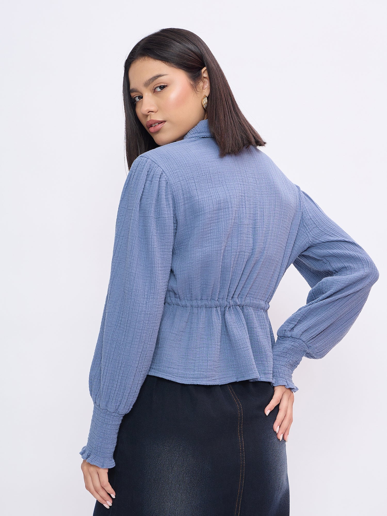 Elle Women Blue Solid Collar Shirt