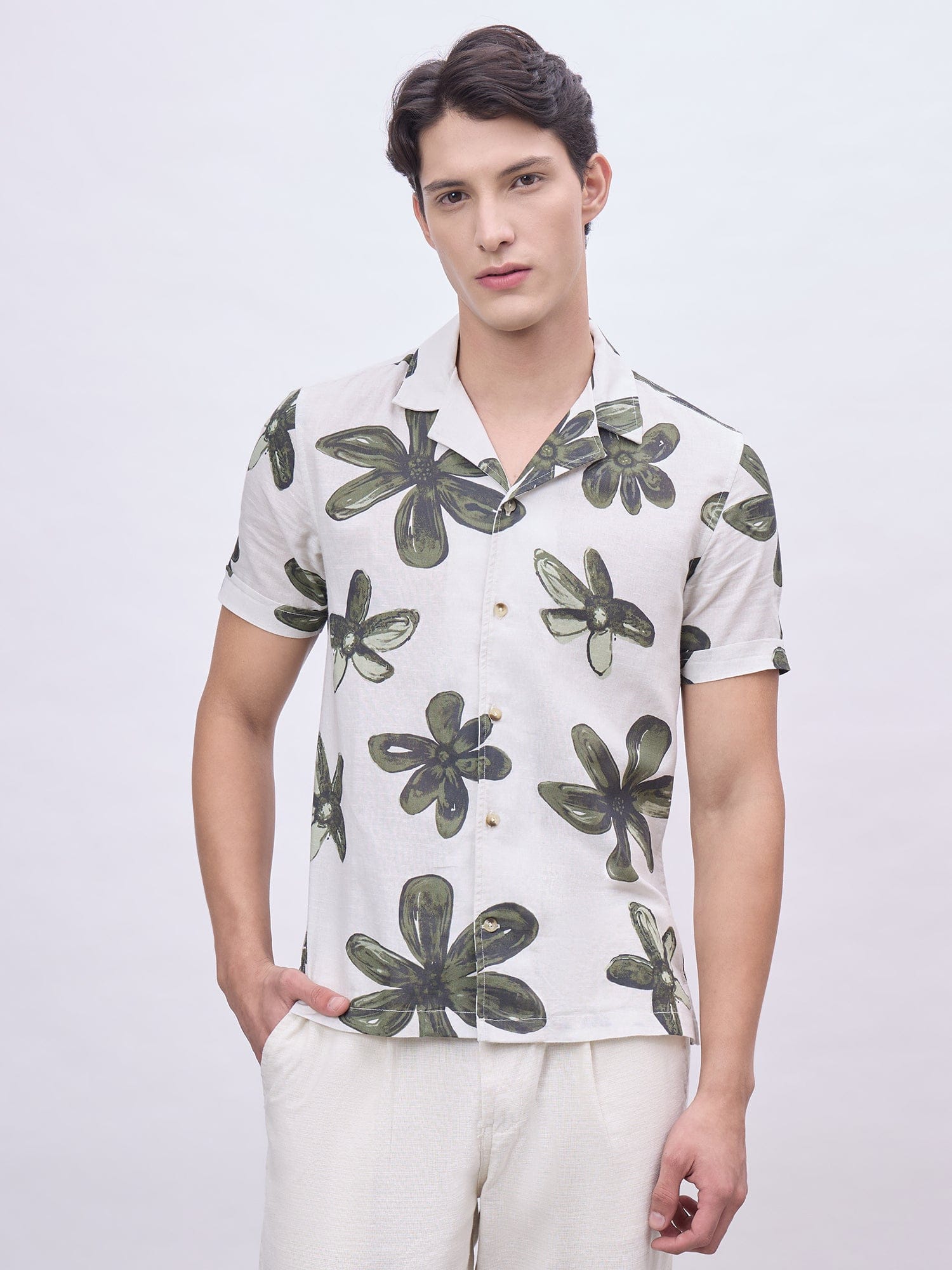Iconic Men Beige Printed Resort Collar Shirt