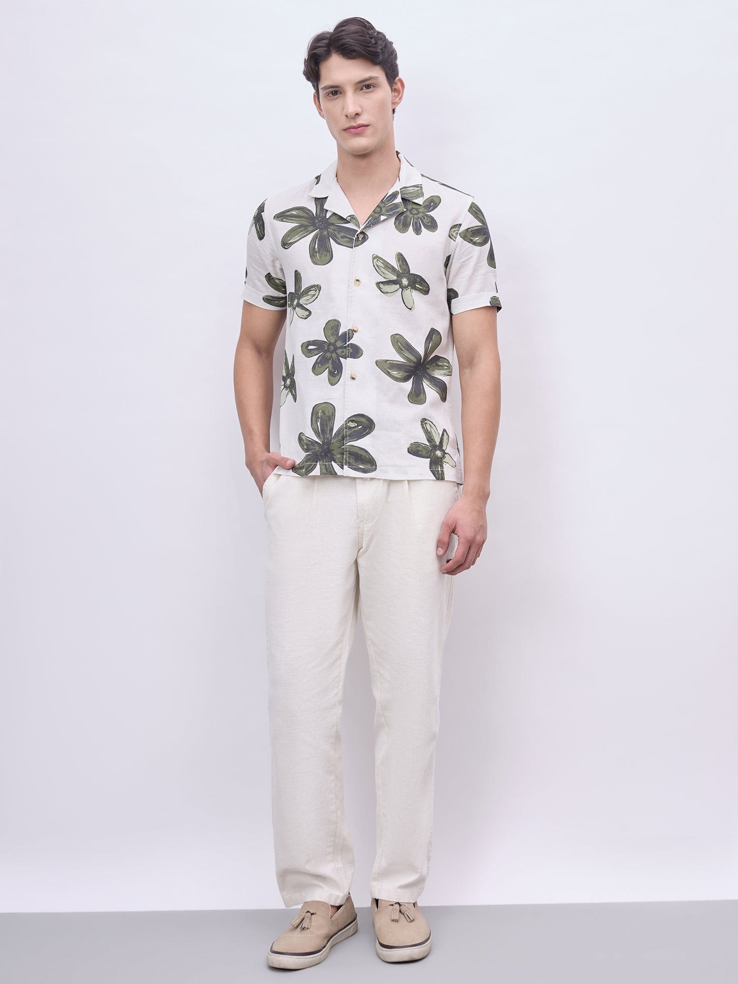 Iconic Men Beige Printed Resort Collar Shirt