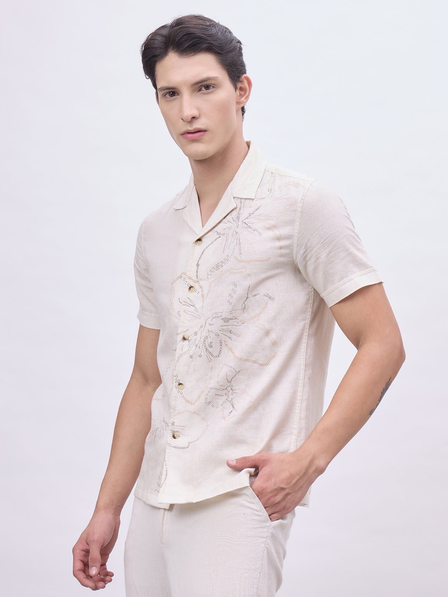 Iconic Men Beige Solid Resort Collar Shirt