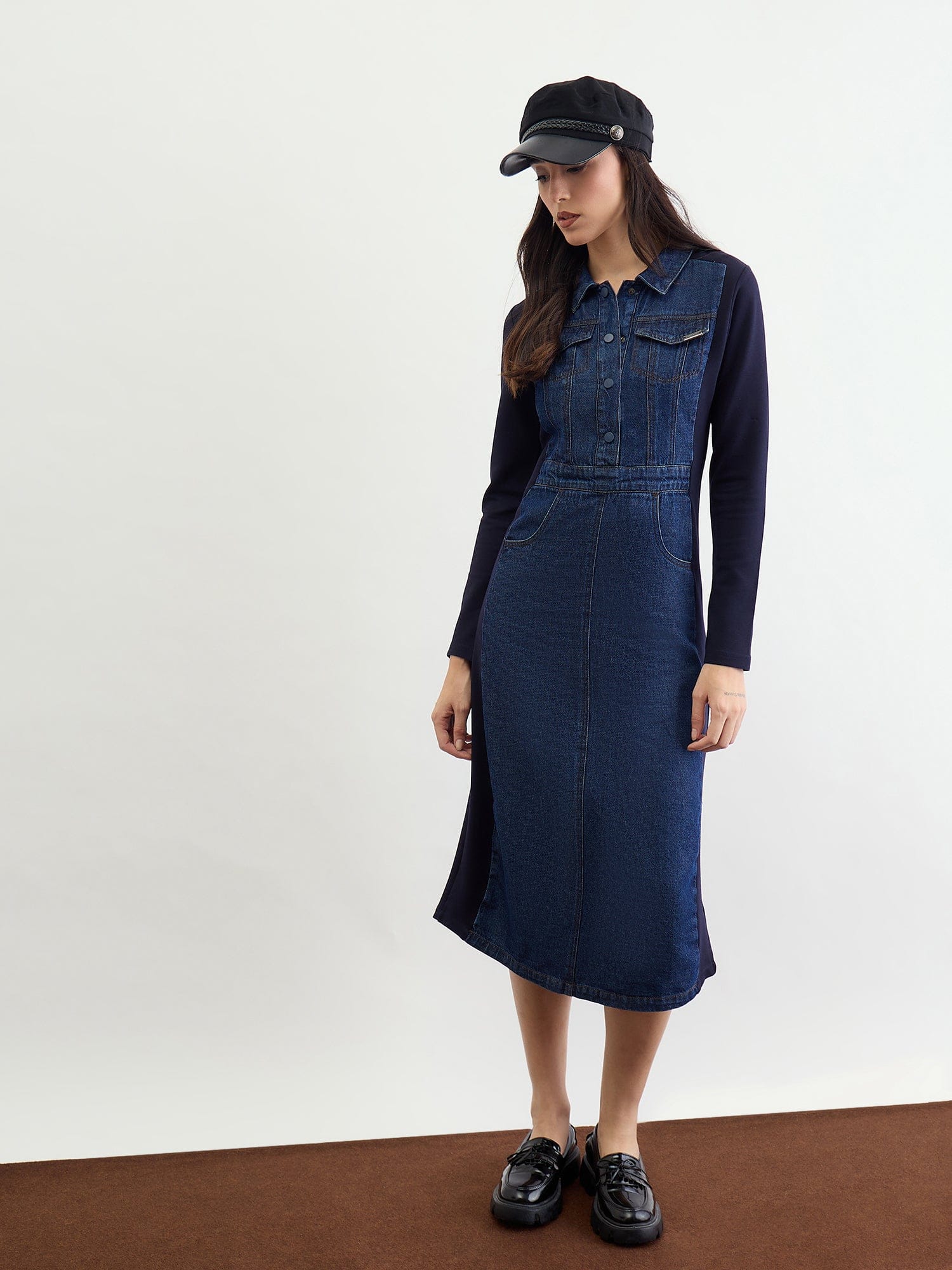 Iconic Women Blue Solid Collar Dress