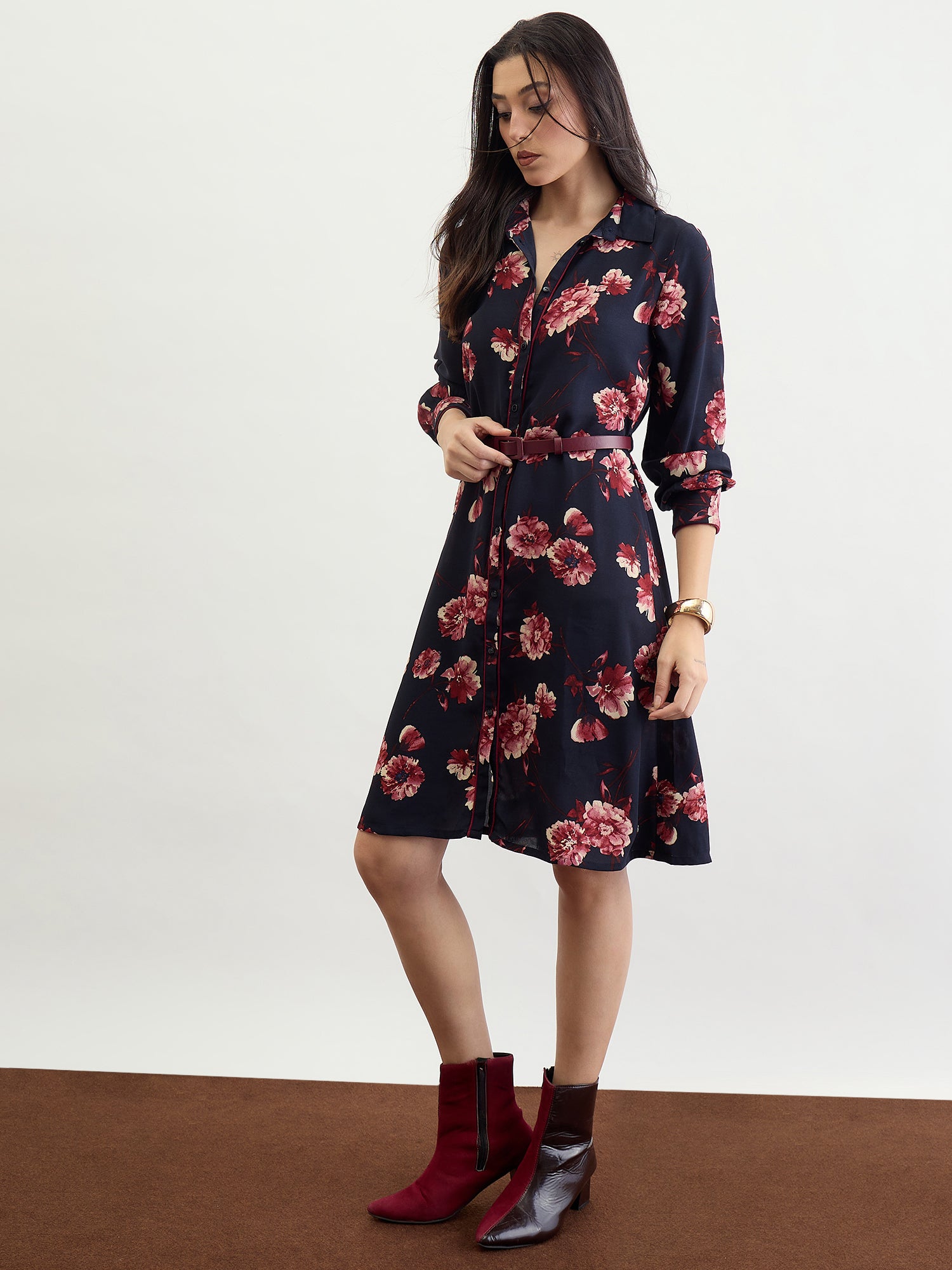 Iconic Women Blue Printed Collar Dress