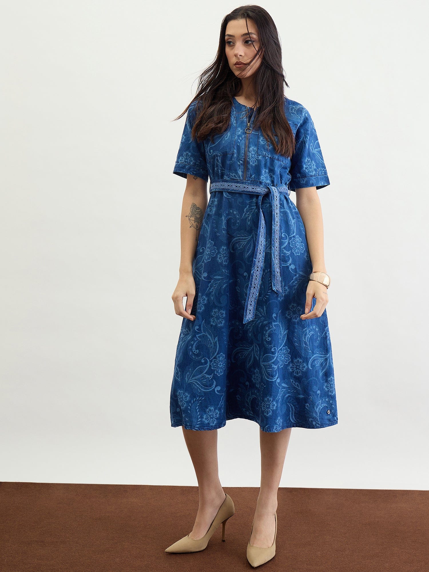 Iconic Women Blue Jacquard Collar Dress