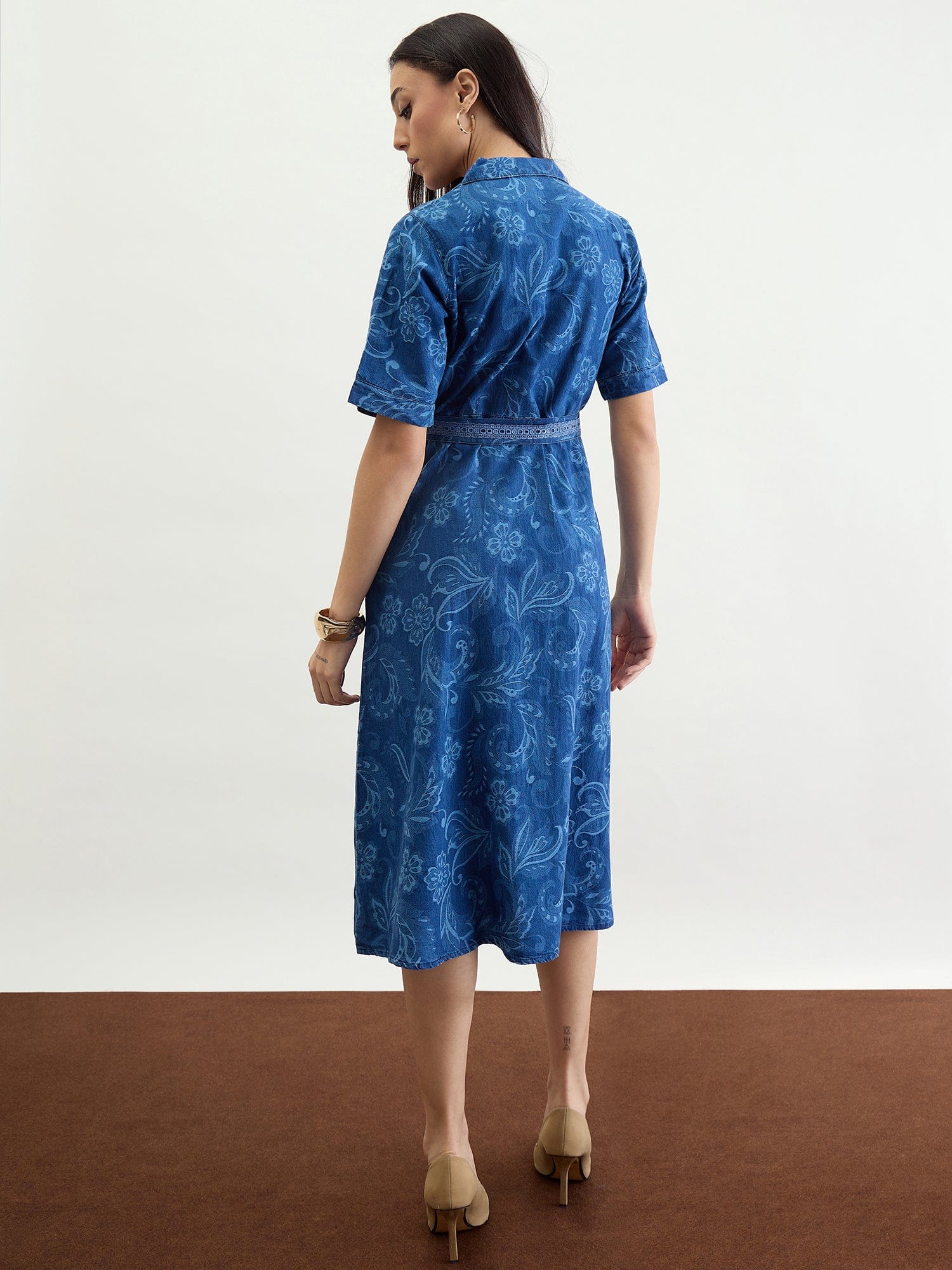 Iconic Women Blue Jacquard Collar Dress