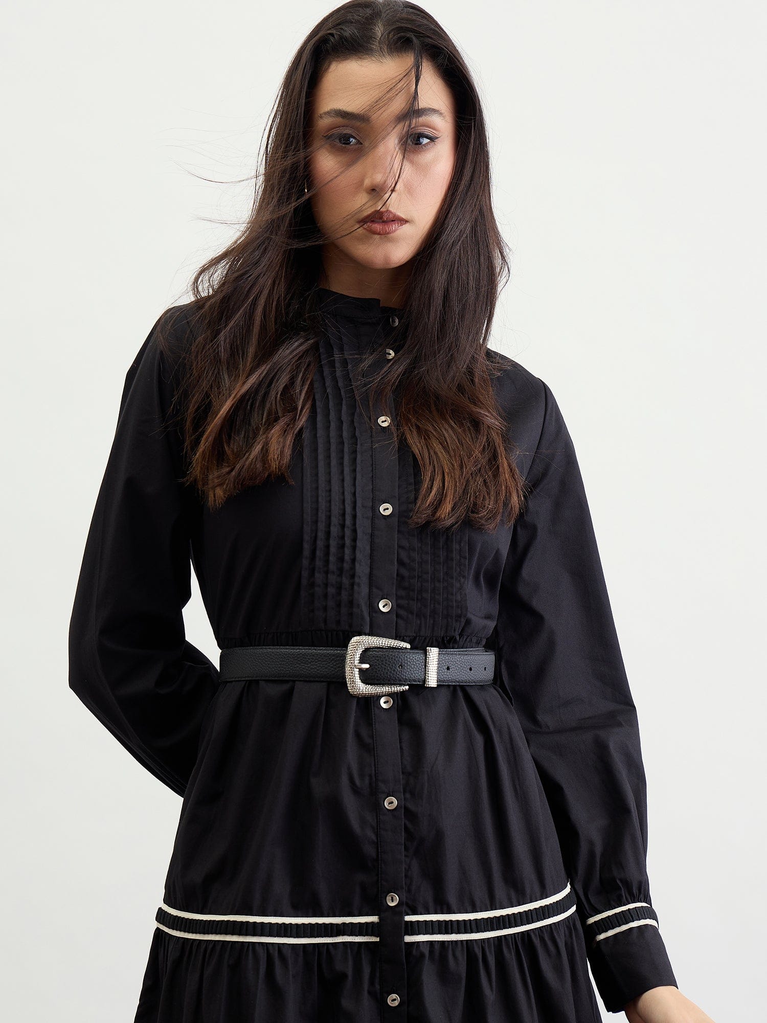 Iconic Women Black Solid Band Collar Dress