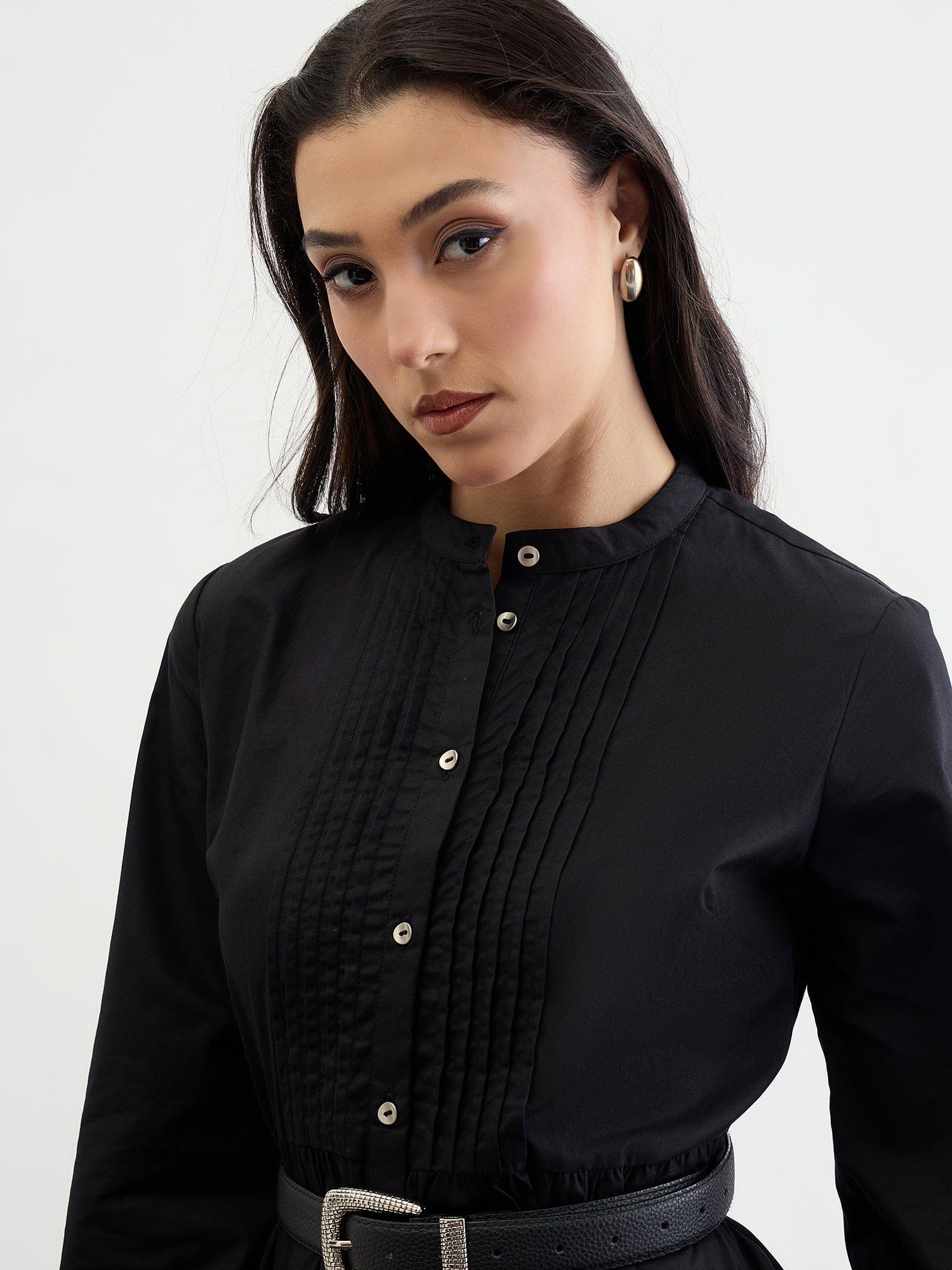 Iconic Women Black Solid Band Collar Dress