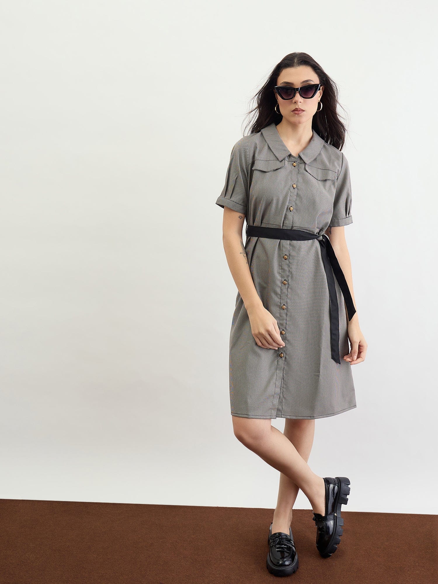 Iconic Women Black Solid & Checks Collar Dress