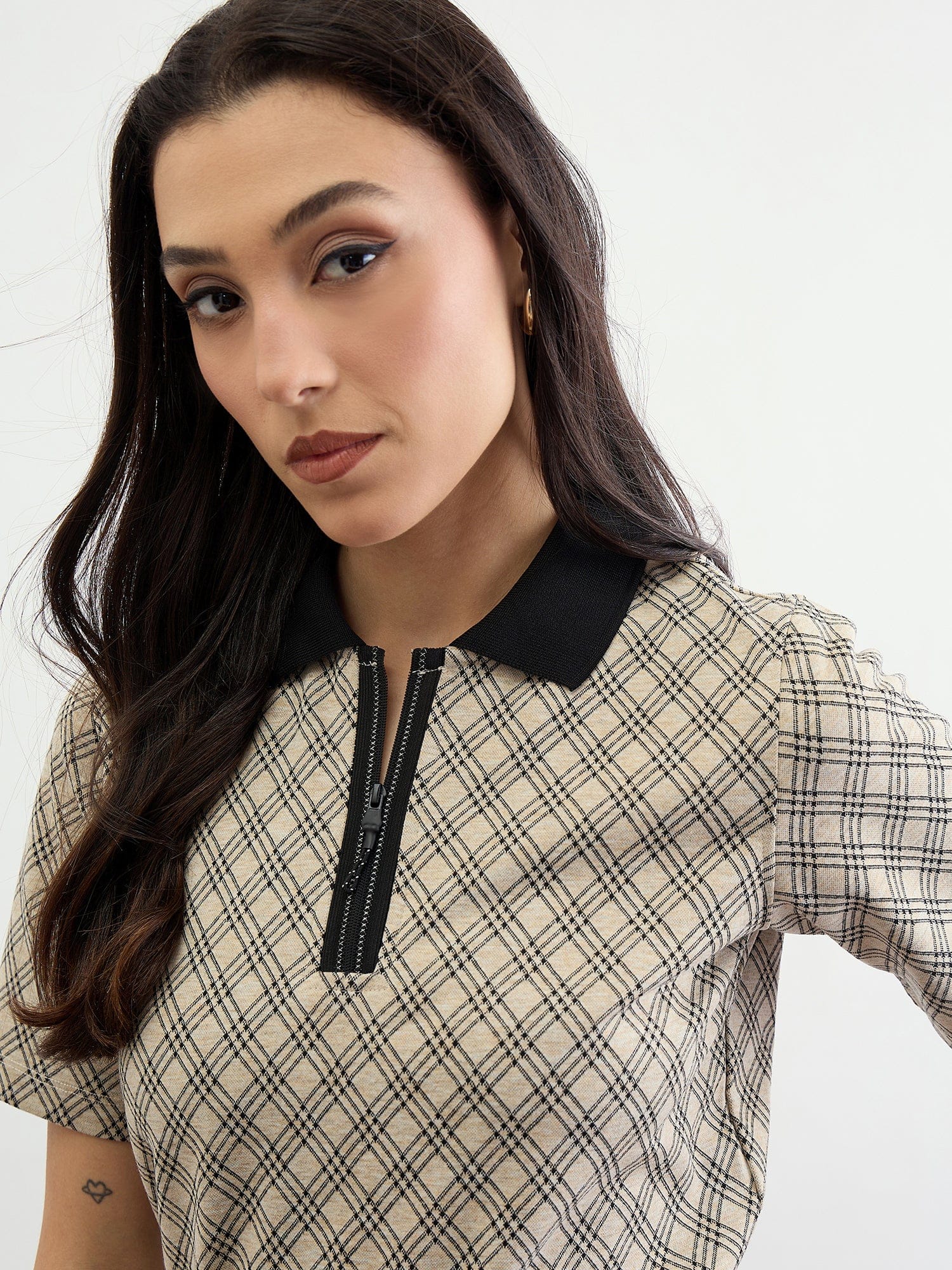 Iconic Women Beige Checks Polo Tshirt