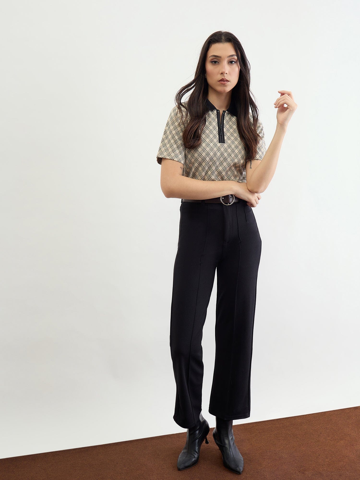 Iconic Women Beige Checks Polo Tshirt