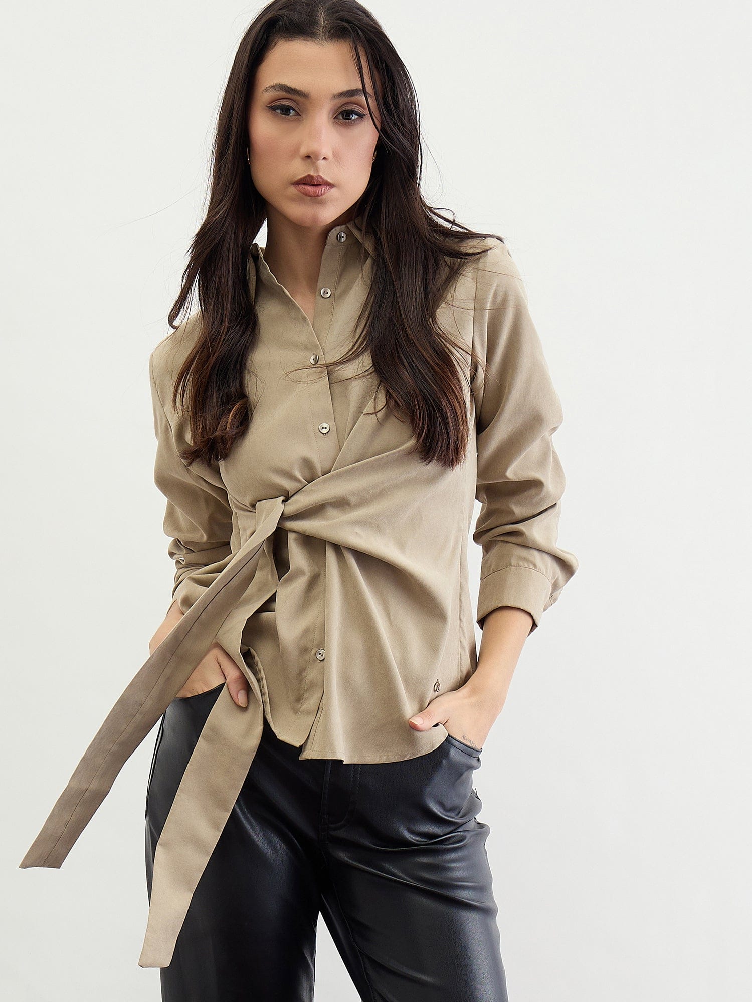 Iconic Women Green Solid Collar Shirt