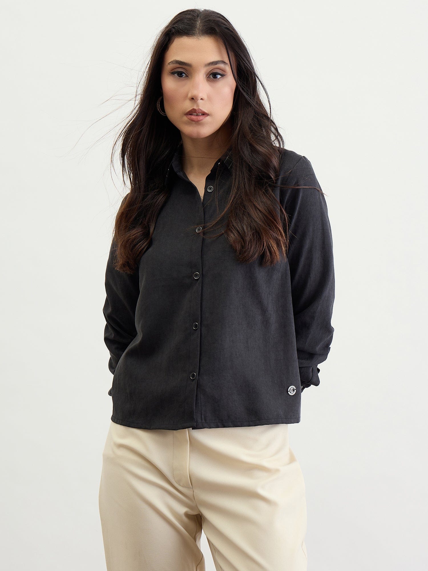 Iconic Women Black Solid Collar Shirt