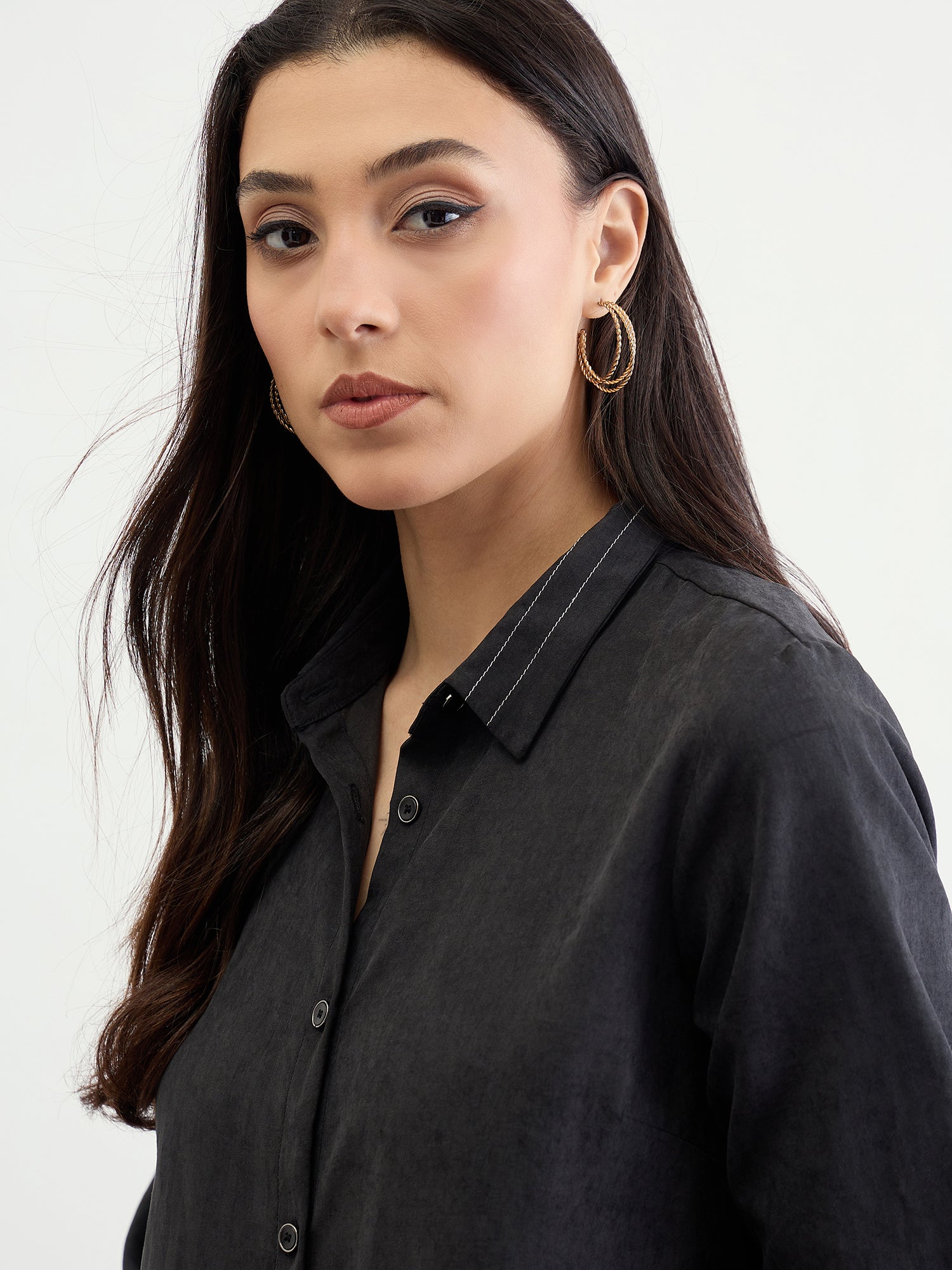 Iconic Women Black Solid Collar Shirt