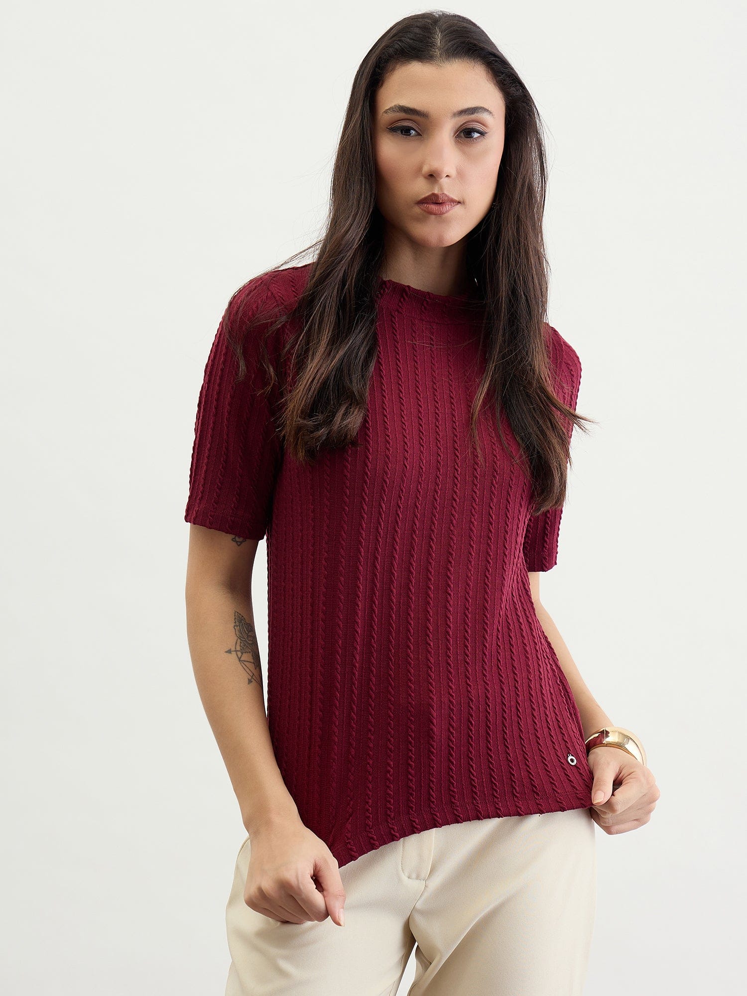 Iconic Women Red Textured Band Collar Tshirt