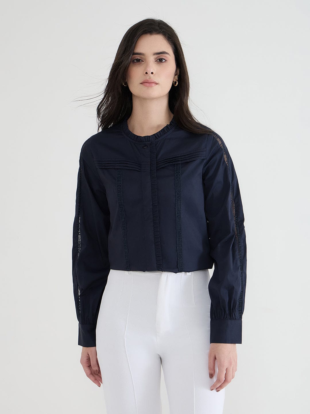 Iconic Women Blue Solid Round Neck Top