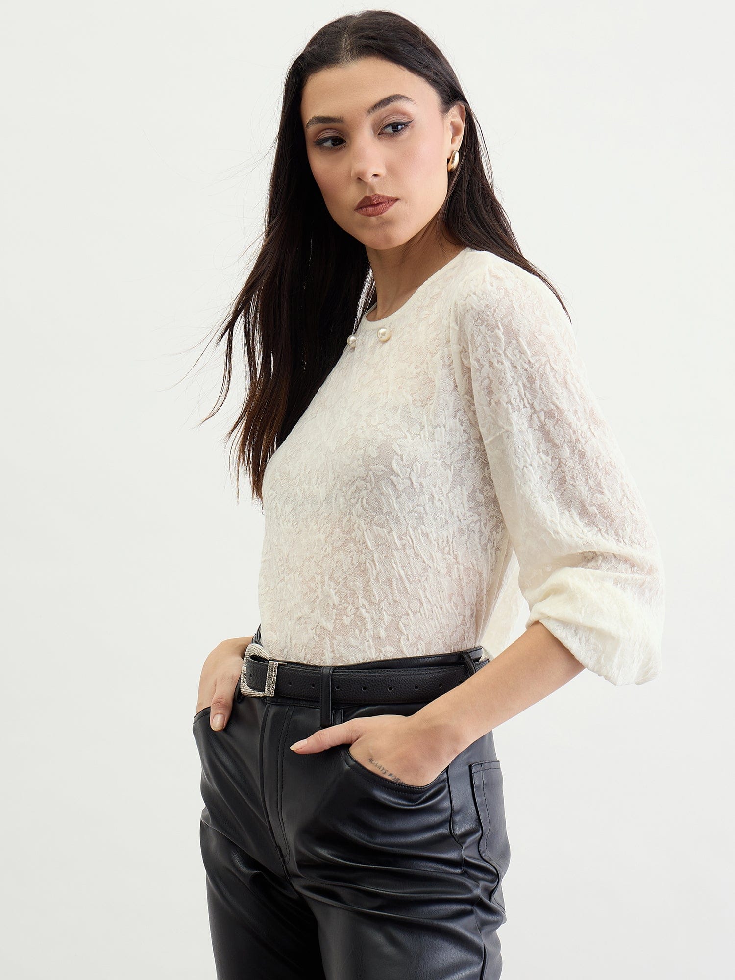 Iconic Women Beige Textured Round Neck Top