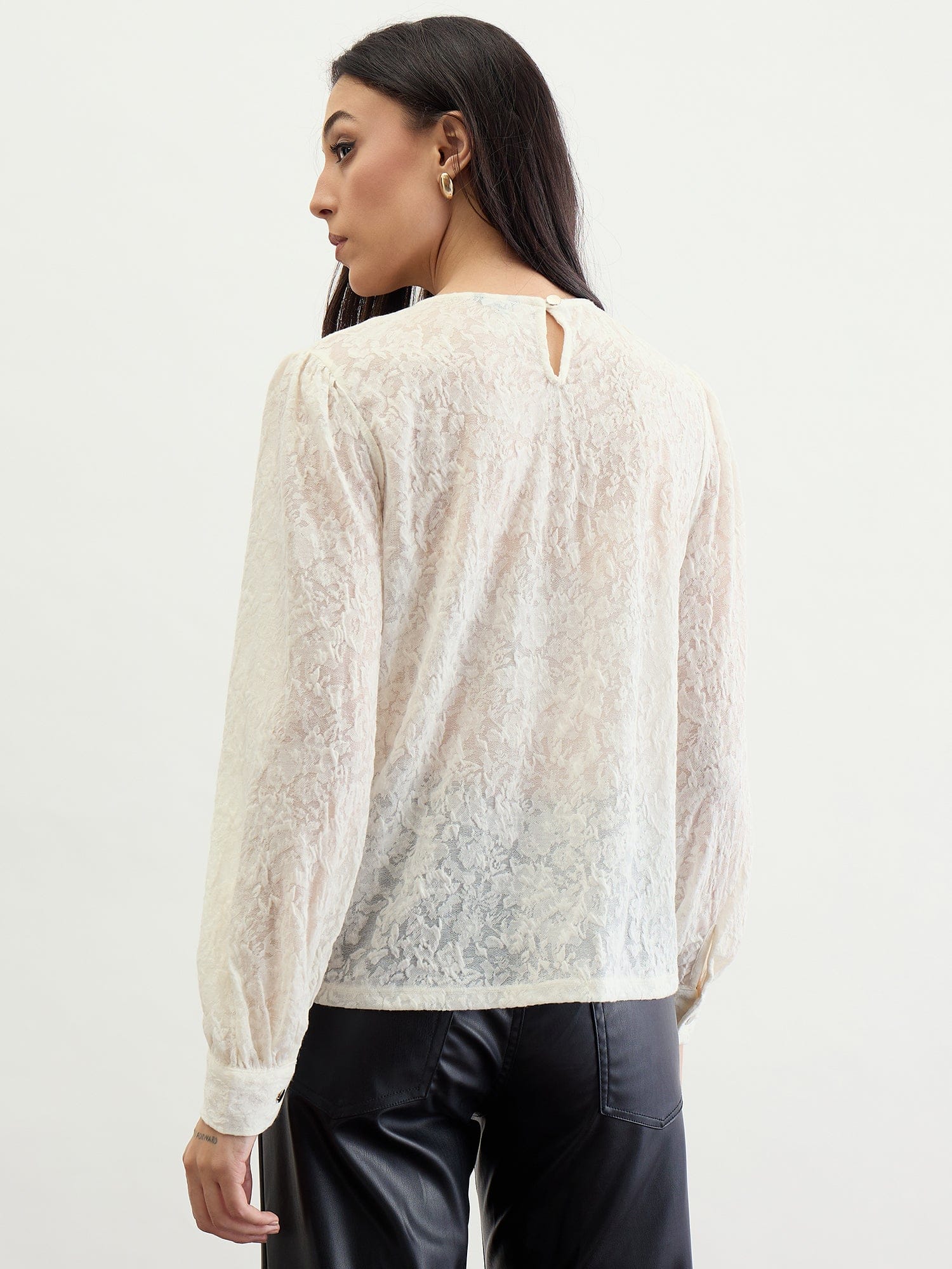 Iconic Women Beige Textured Round Neck Top