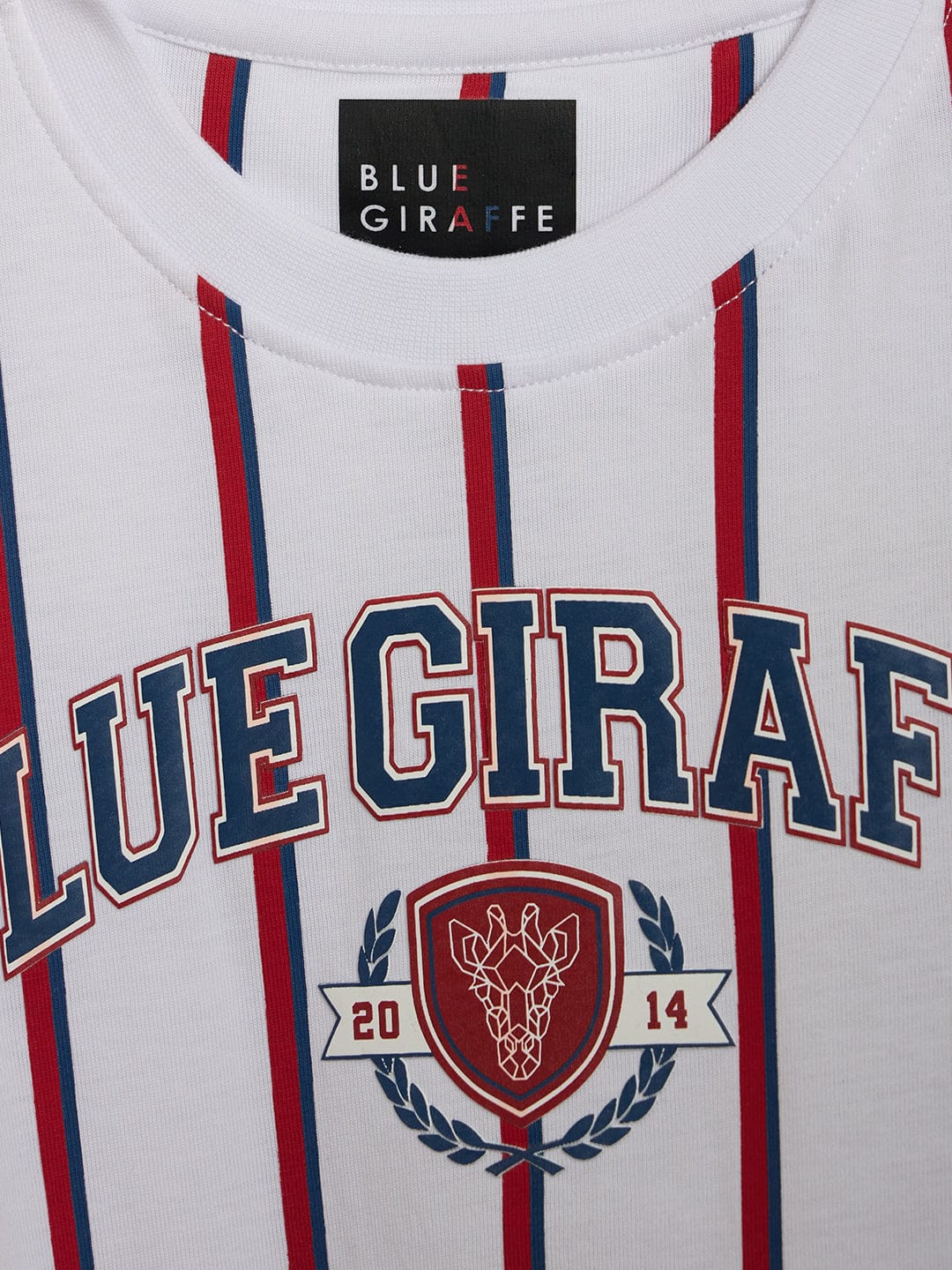 Blue Giraffe Boys White Striped Crew Neck Tshirt