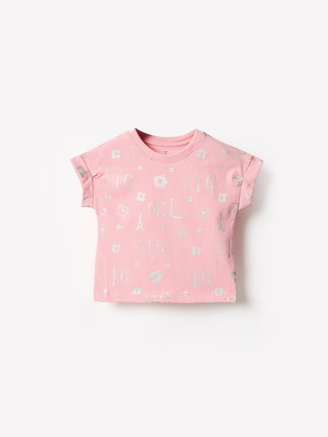 Elle Kids Pink Printed Crew Neck Tshirt