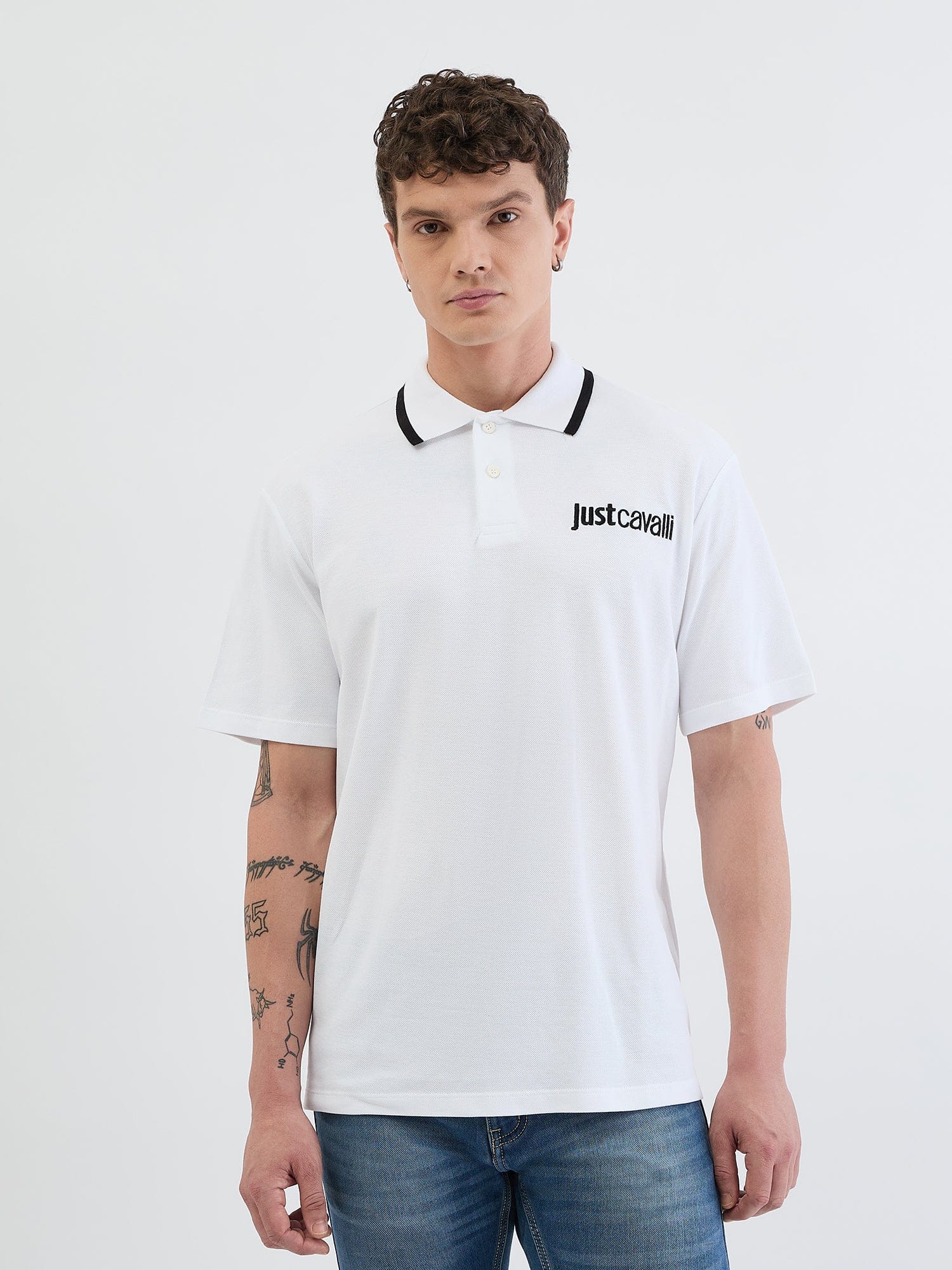 Just Cavalli Men White Solid Polo Tshirt