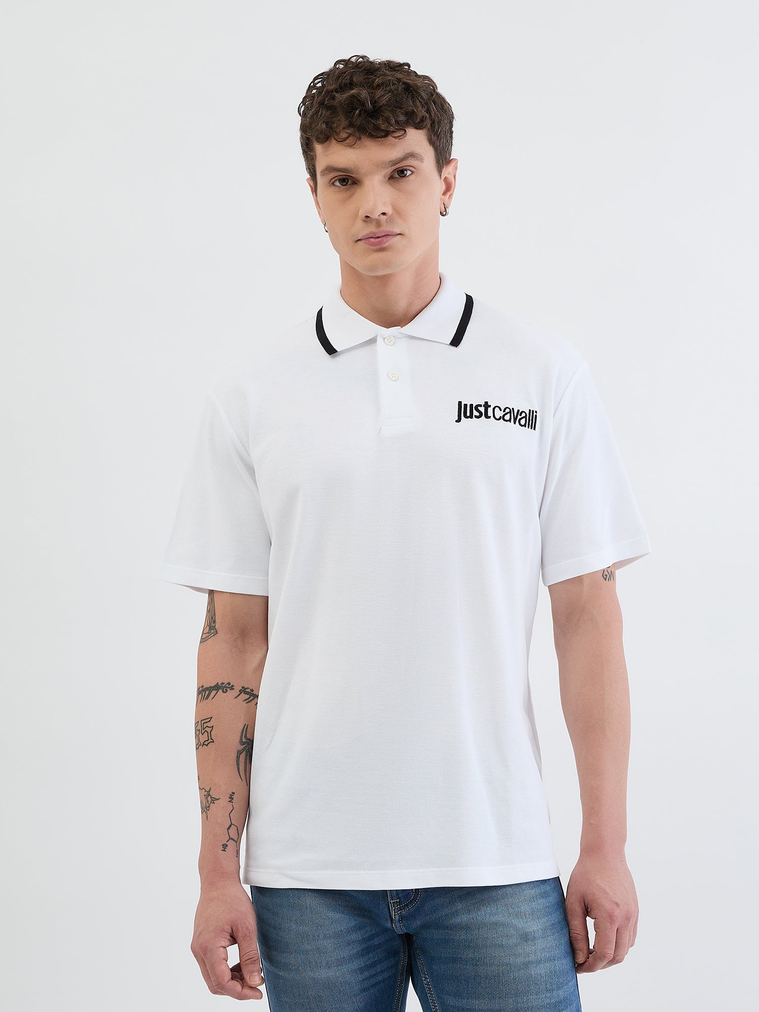Just Cavalli Men White Solid Polo Tshirt